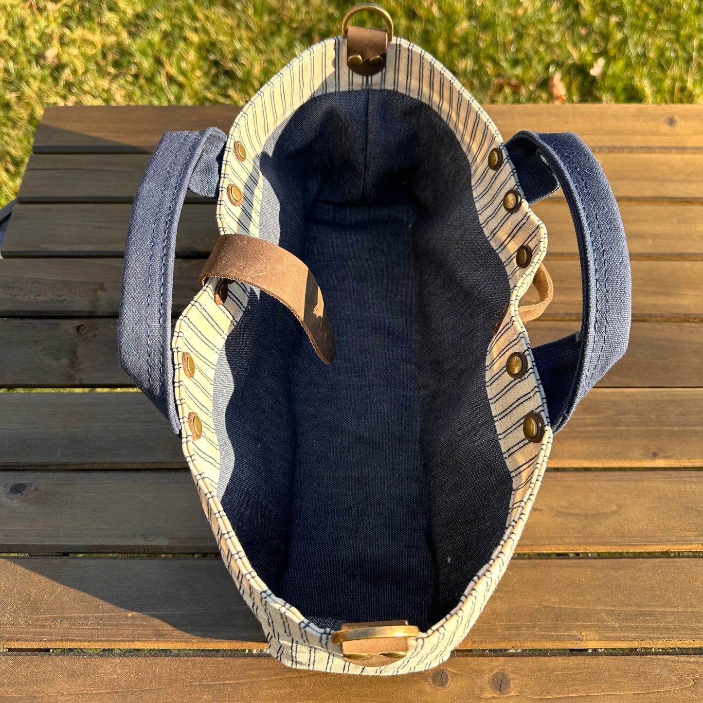 Navy Stripe Waxed Canvas and Crazy Horse Tan Leather with Antique Brass Hardware Waterman Tote squirescanvascreations.com