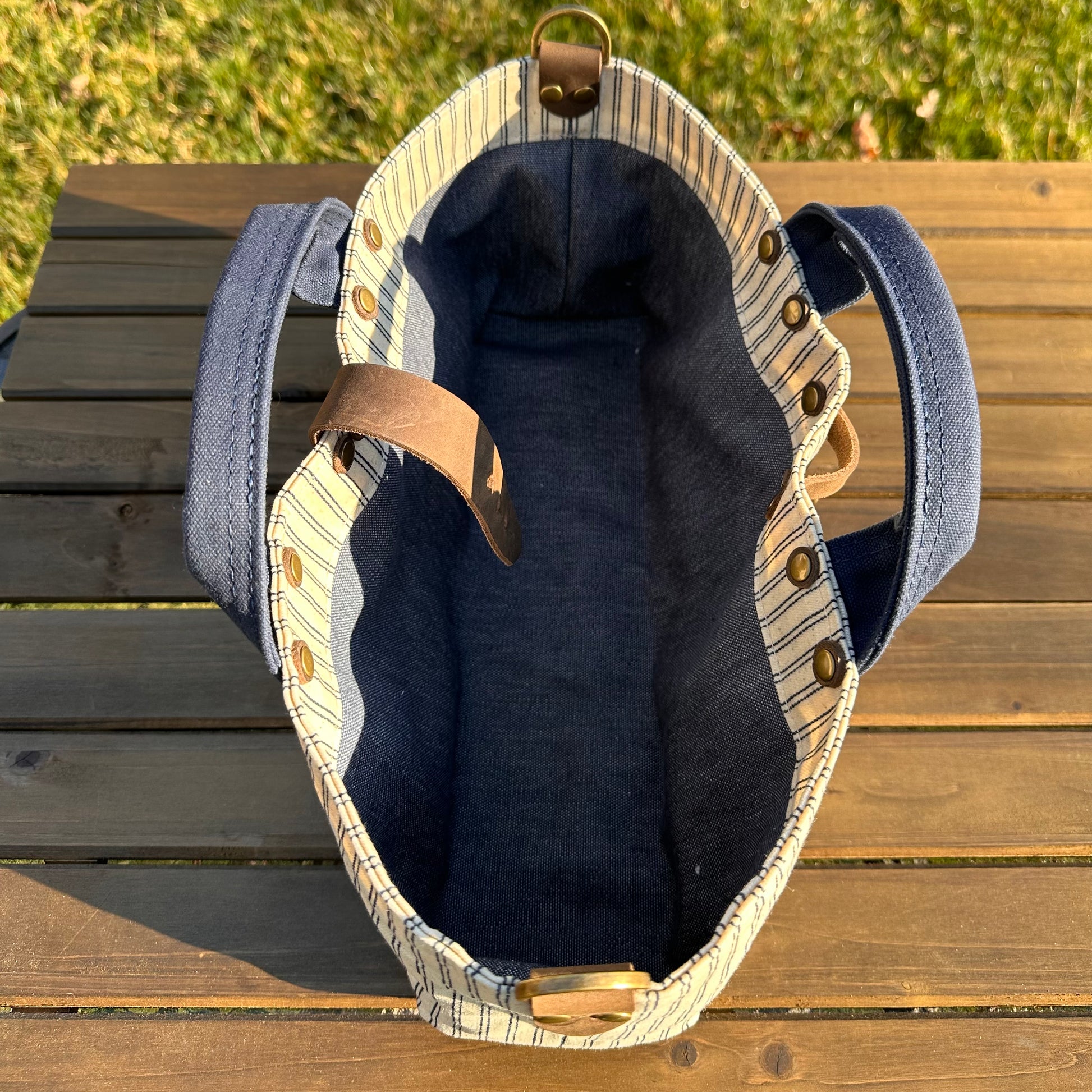 Navy Stripe Waxed Canvas and Crazy Horse Tan Leather with Antique Brass Hardware Waterman Tote squirescanvascreations.com