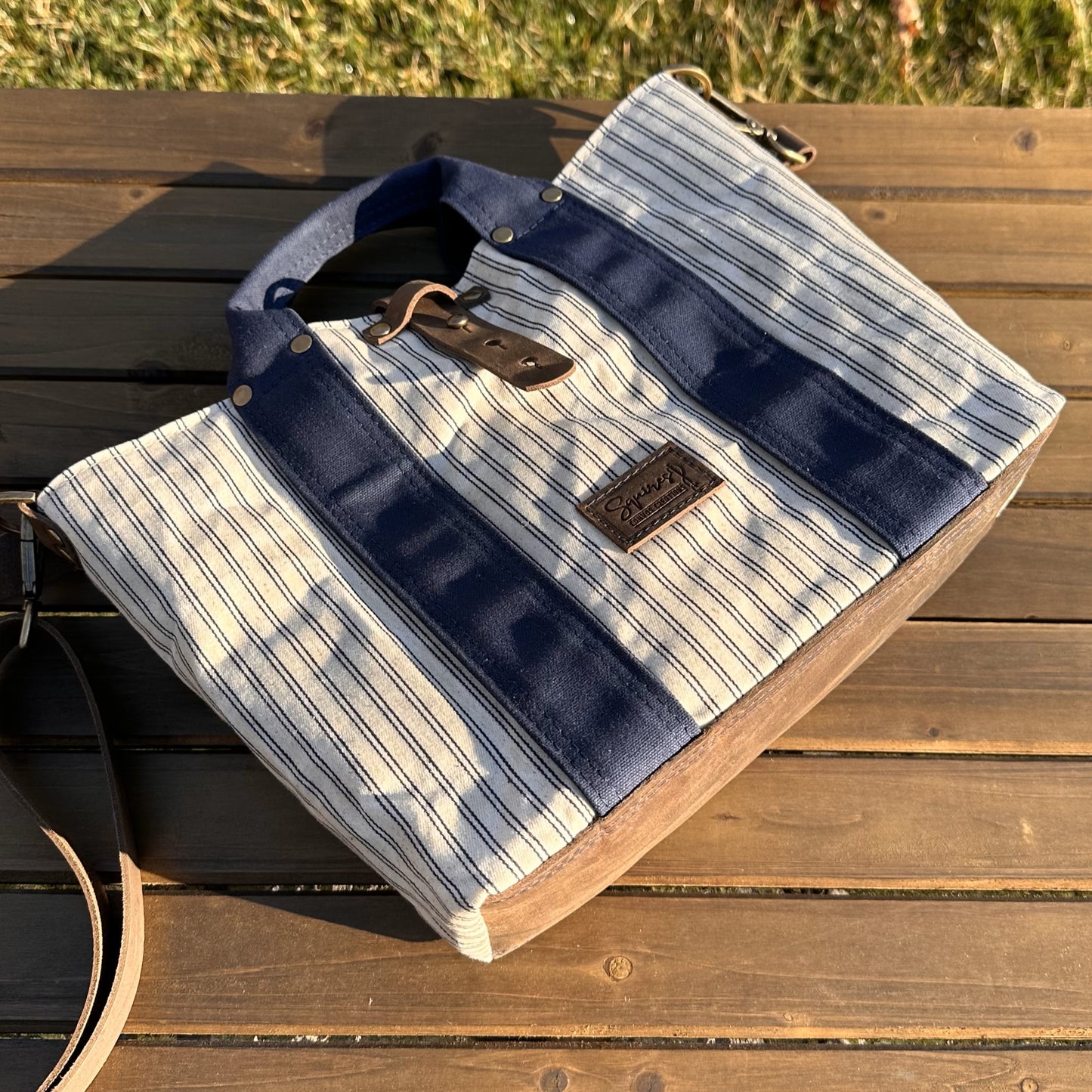 Navy Stripe Waxed Canvas and Crazy Horse Tan Leather with Antique Brass Hardware Waterman Tote squirescanvascreations.com