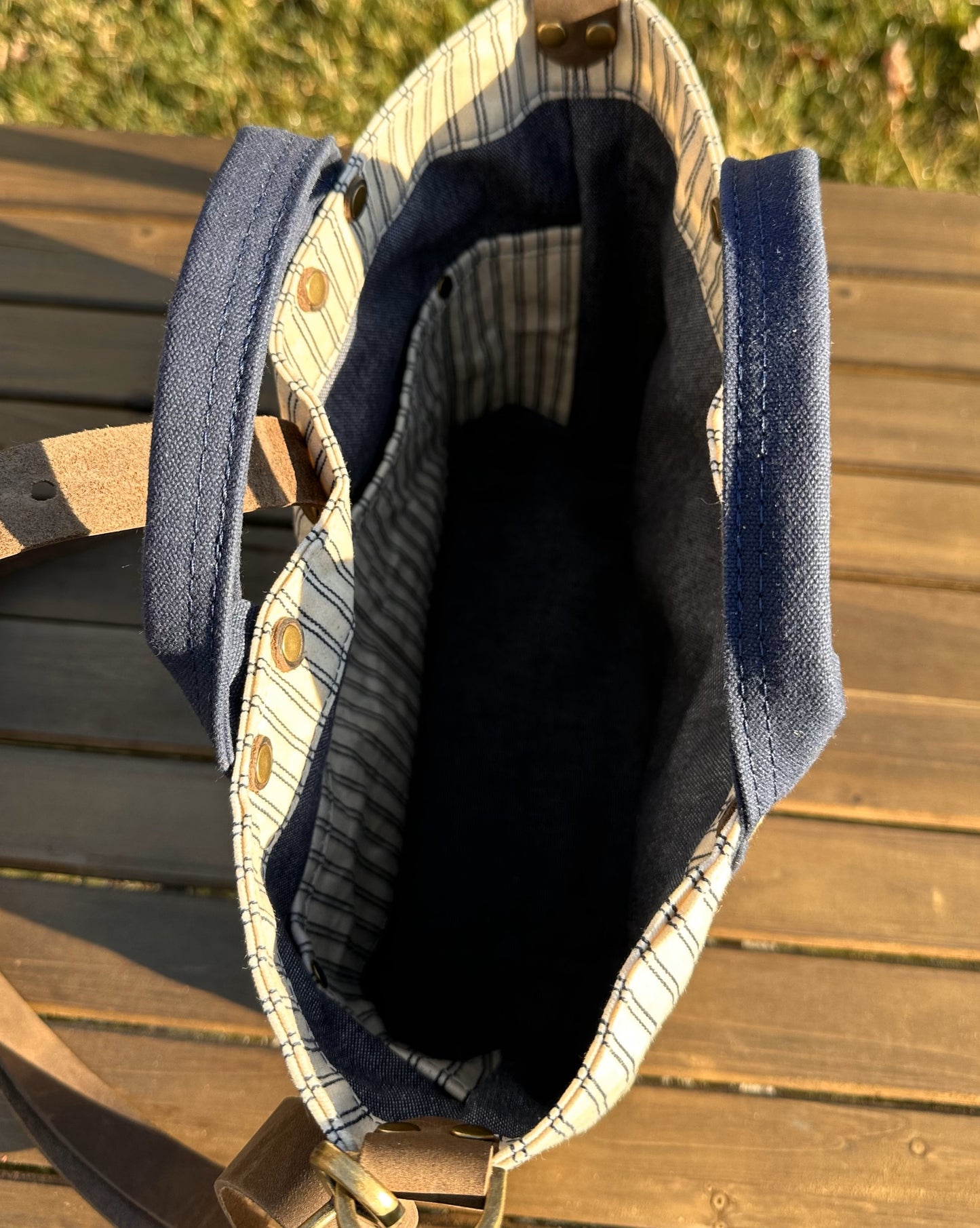 Navy Stripe Waxed Canvas and Crazy Horse Tan Leather with Antique Brass Hardware Waterman Tote squirescanvascreations.com