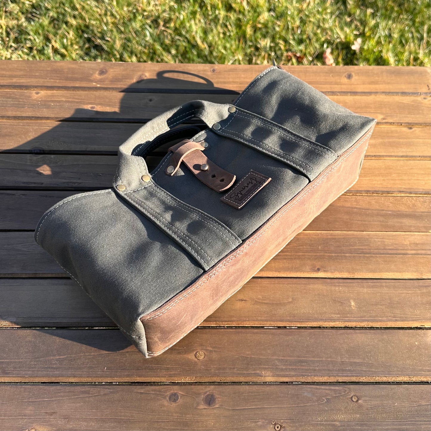 Olive Drab Heavy Duty 15oz Canvas Antique Brass Rivets Waterman Tote SquiresCanvasCreations