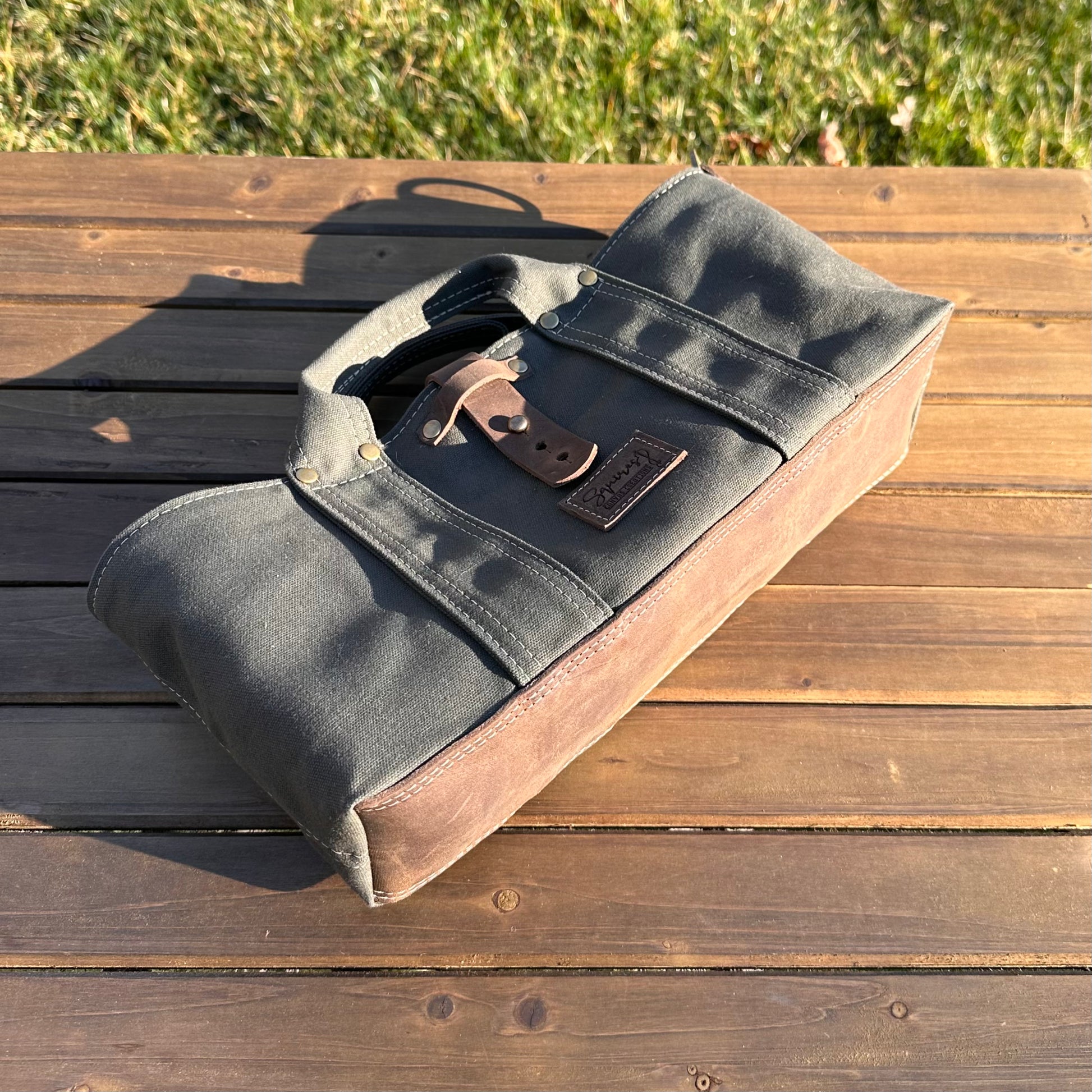 Olive Drab Heavy Duty 15oz Canvas Antique Brass Rivets Waterman Tote SquiresCanvasCreations