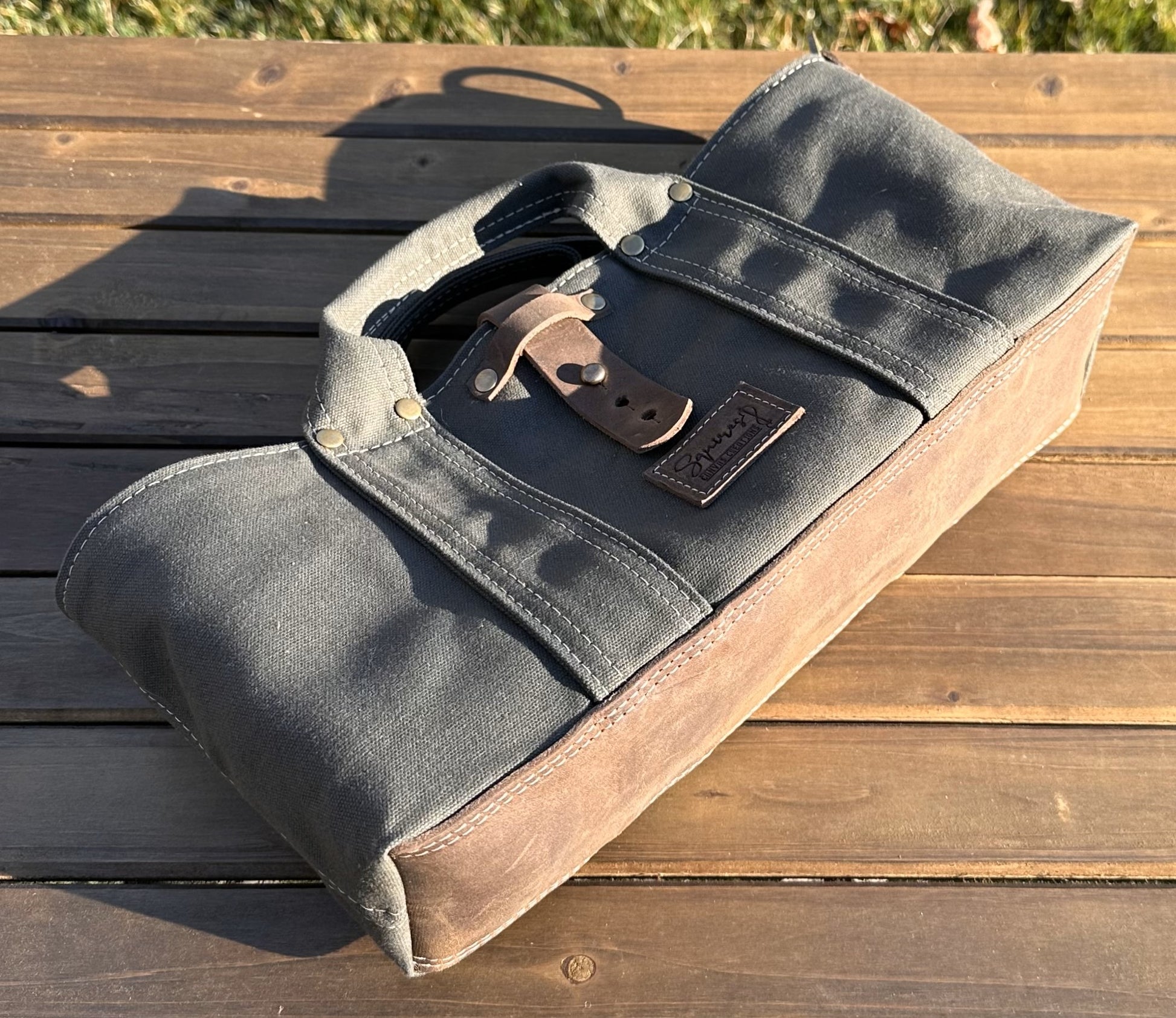 Olive Drab Heavy Duty 15oz Canvas Antique Brass Rivets Waterman Tote SquiresCanvasCreations