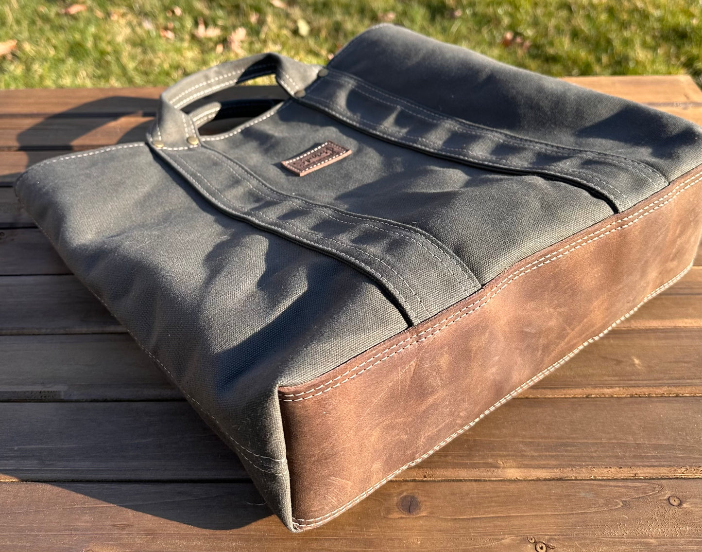 Olive Drab Stone Washed Canvas with Crazy Horse Tan Leather and Antique Brass Hardware Waterman Tote squirescanvascreations.com