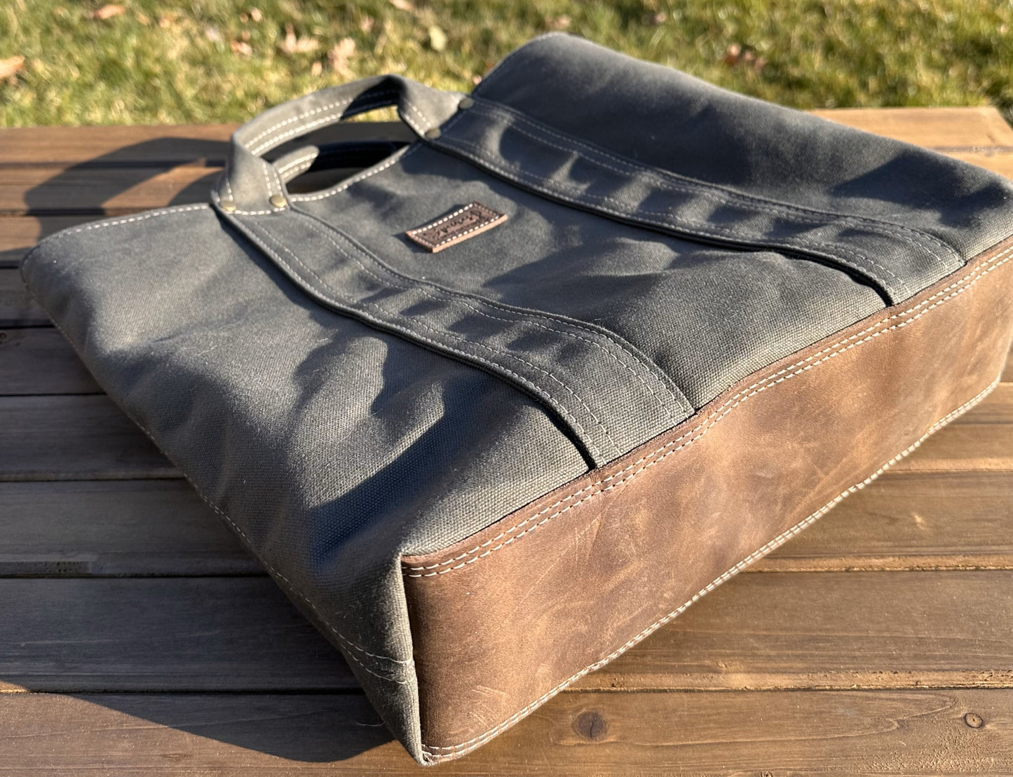 Olive Drab Stone Washed Canvas with Crazy Horse Tan Leather and Antique Brass Hardware Waterman Tote squirescanvascreations.com
