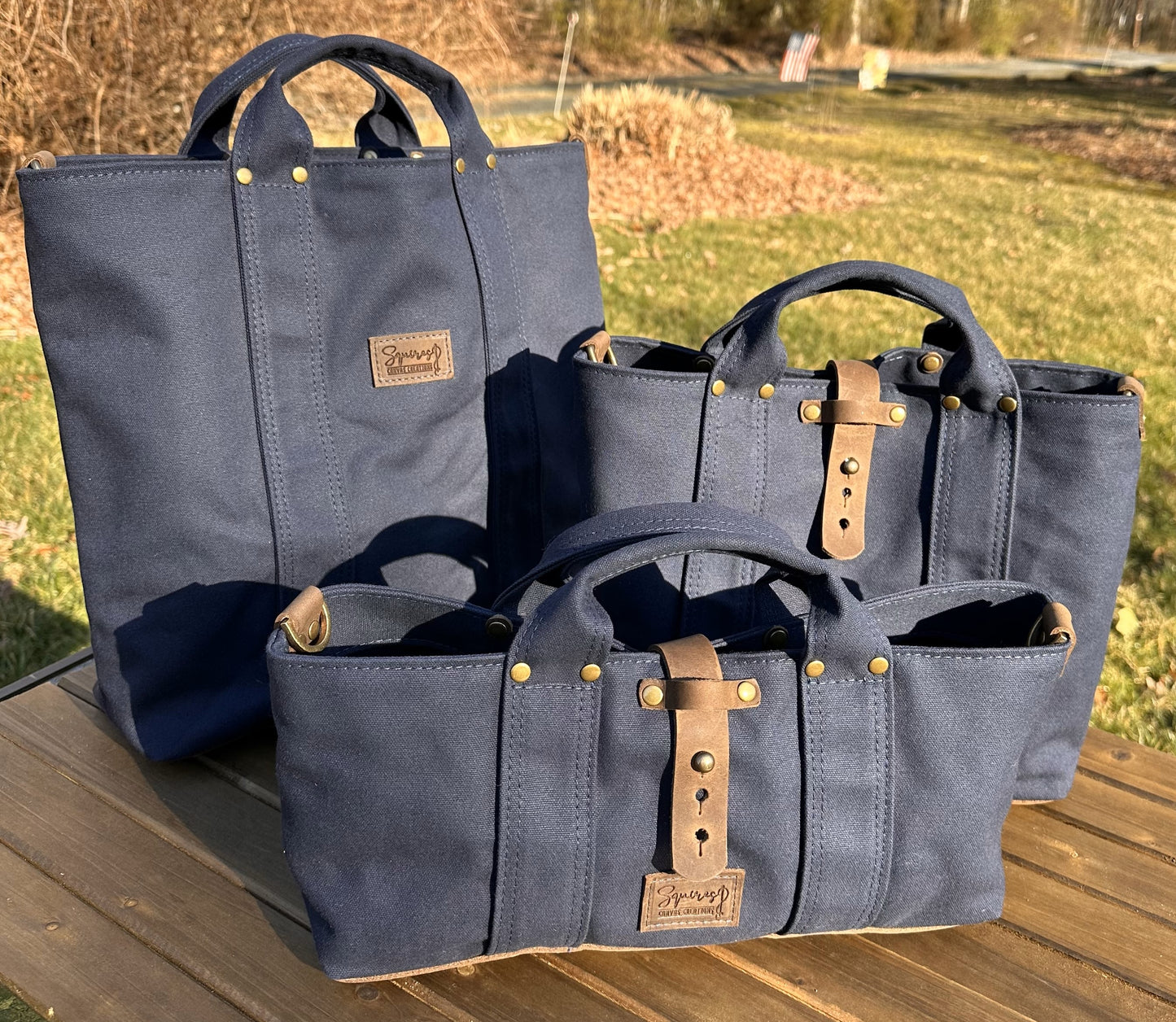 Navy Blue Stone Heavy Duty Canvas with Crazy Horse Tan Leather and Antique Brass Hardware Waterman Tote squirescanvascreations.com