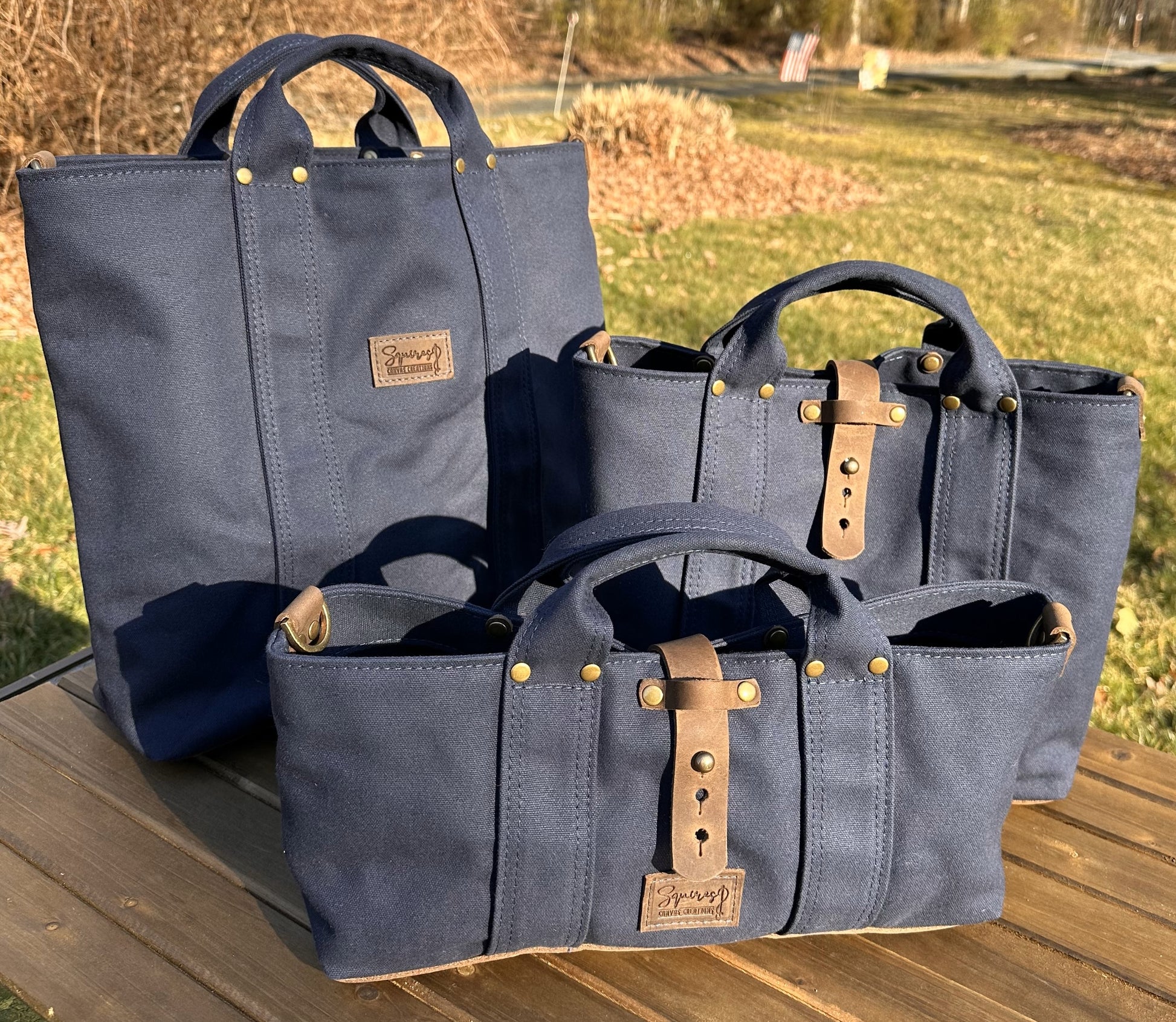 Navy Blue Stone Heavy Duty Canvas with Crazy Horse Tan Leather and Antique Brass Hardware Waterman Tote squirescanvascreations.com