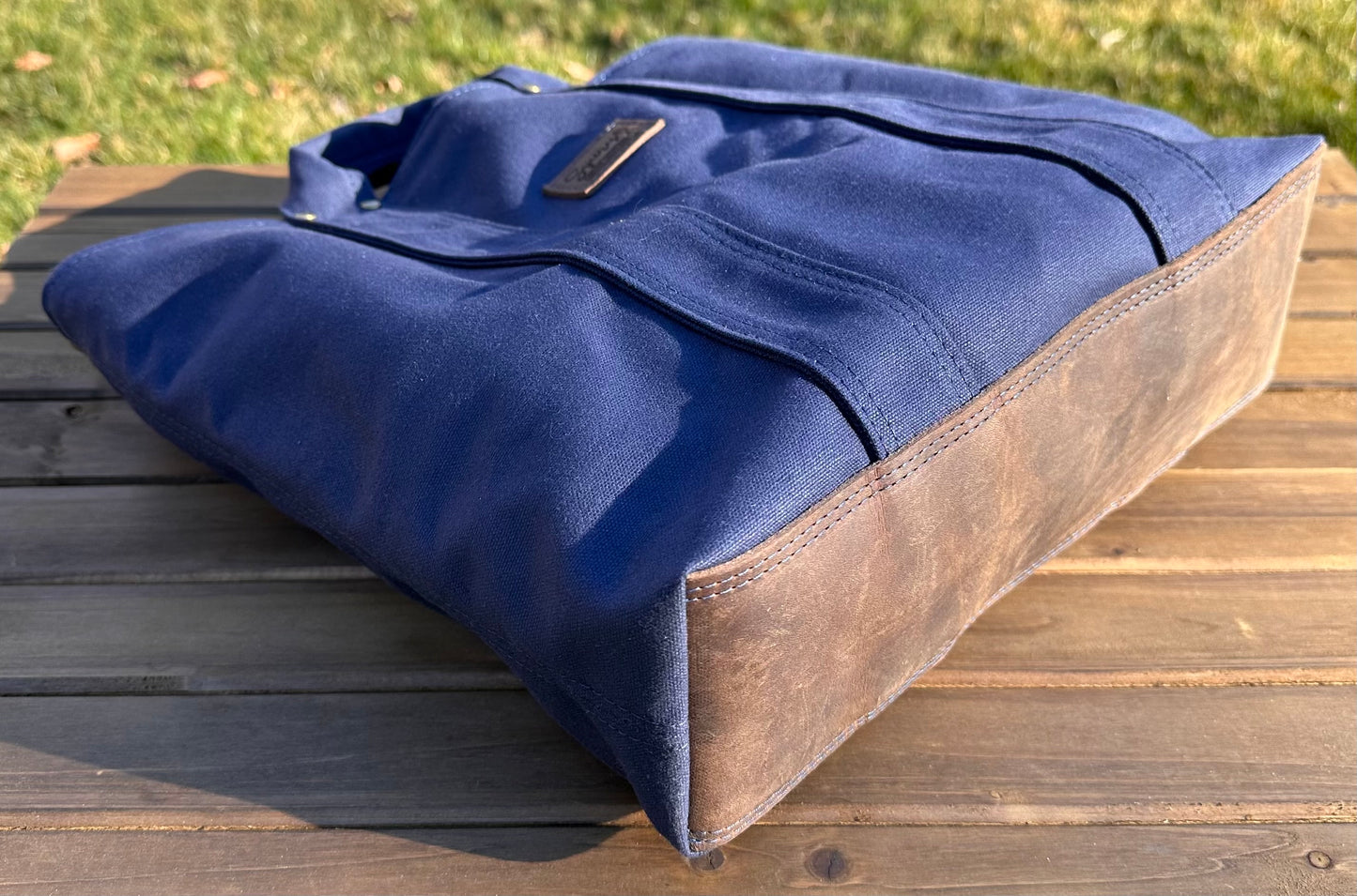Navy Blue Stone Heavy Duty Canvas with Crazy Horse Tan Leather and Antique Brass Hardware Waterman Tote squirescanvascreations.com