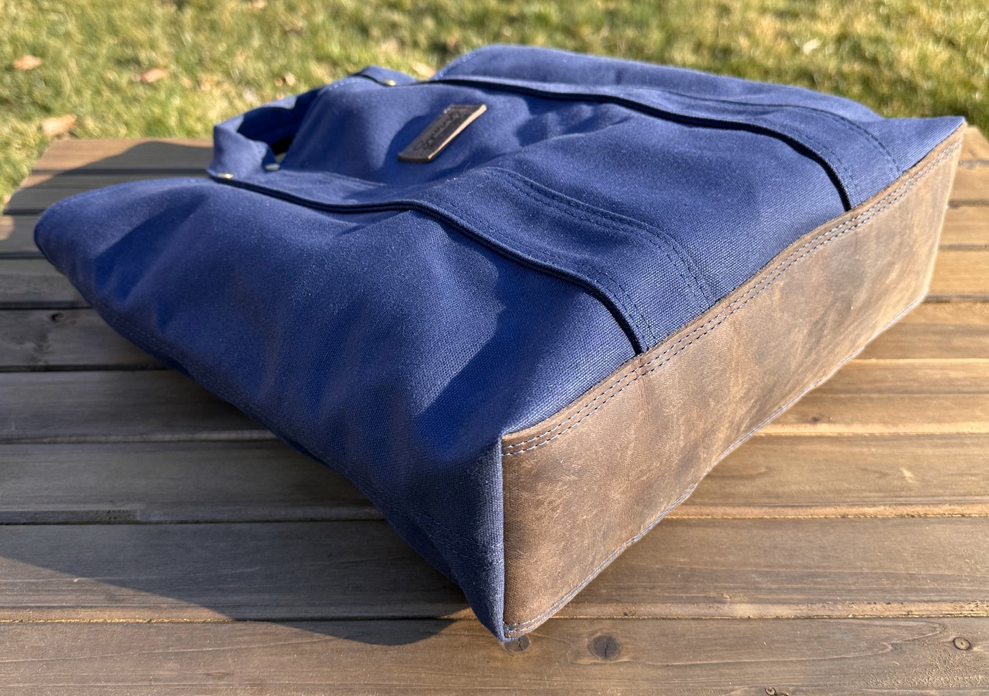 Navy Blue Stone Heavy Duty Canvas with Crazy Horse Tan Leather and Antique Brass Hardware Waterman Tote squirescanvascreations.com