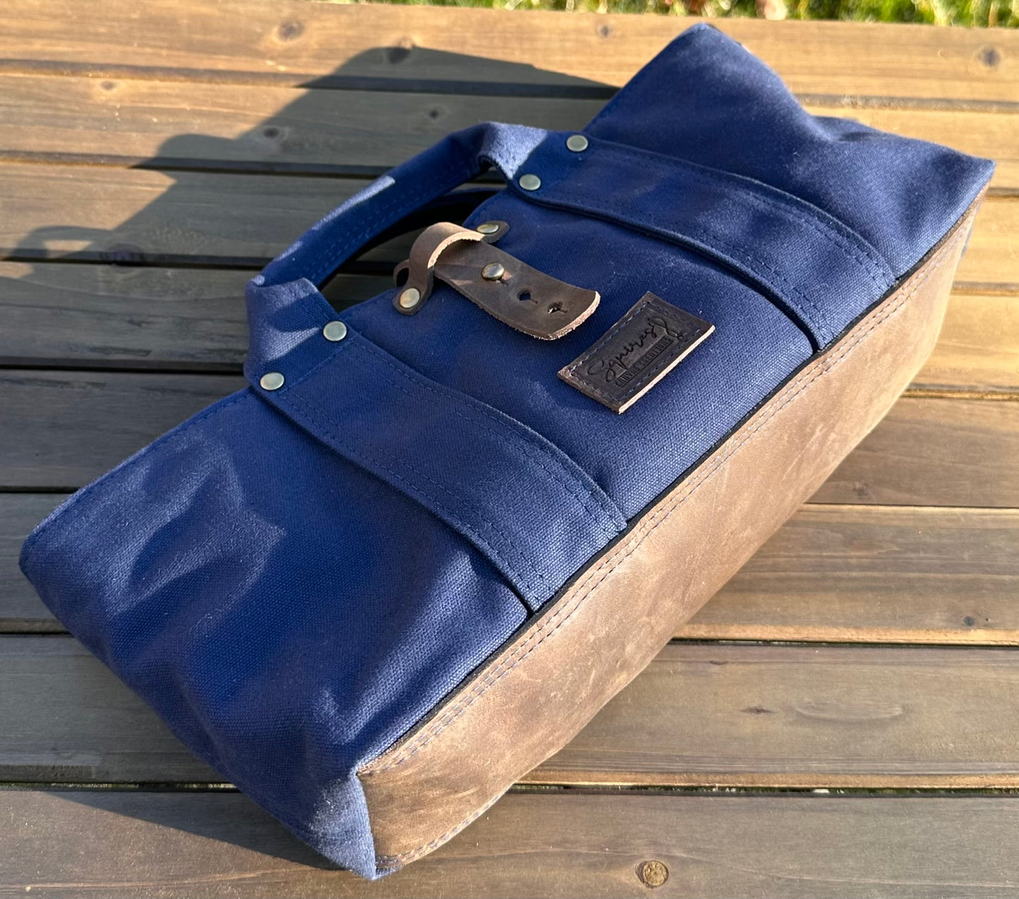 Navy Blue Stone Heavy Duty Canvas with Crazy Horse Tan Leather and Antique Brass Hardware Waterman Tote squirescanvascreations.com