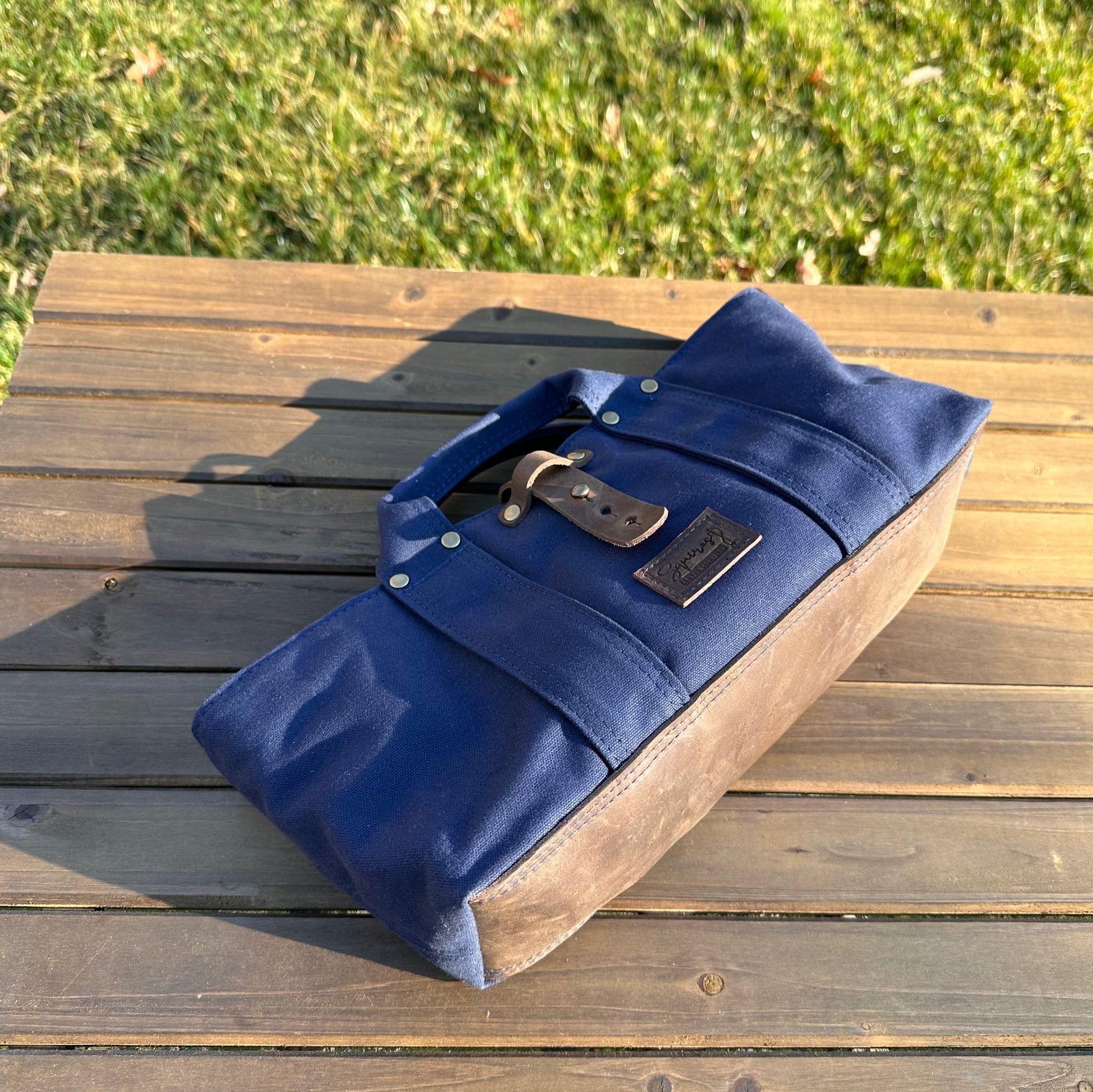 Navy Blue Stone Heavy Duty Canvas with Crazy Horse Tan Leather and Antique Brass Hardware Waterman Tote squirescanvascreations.com