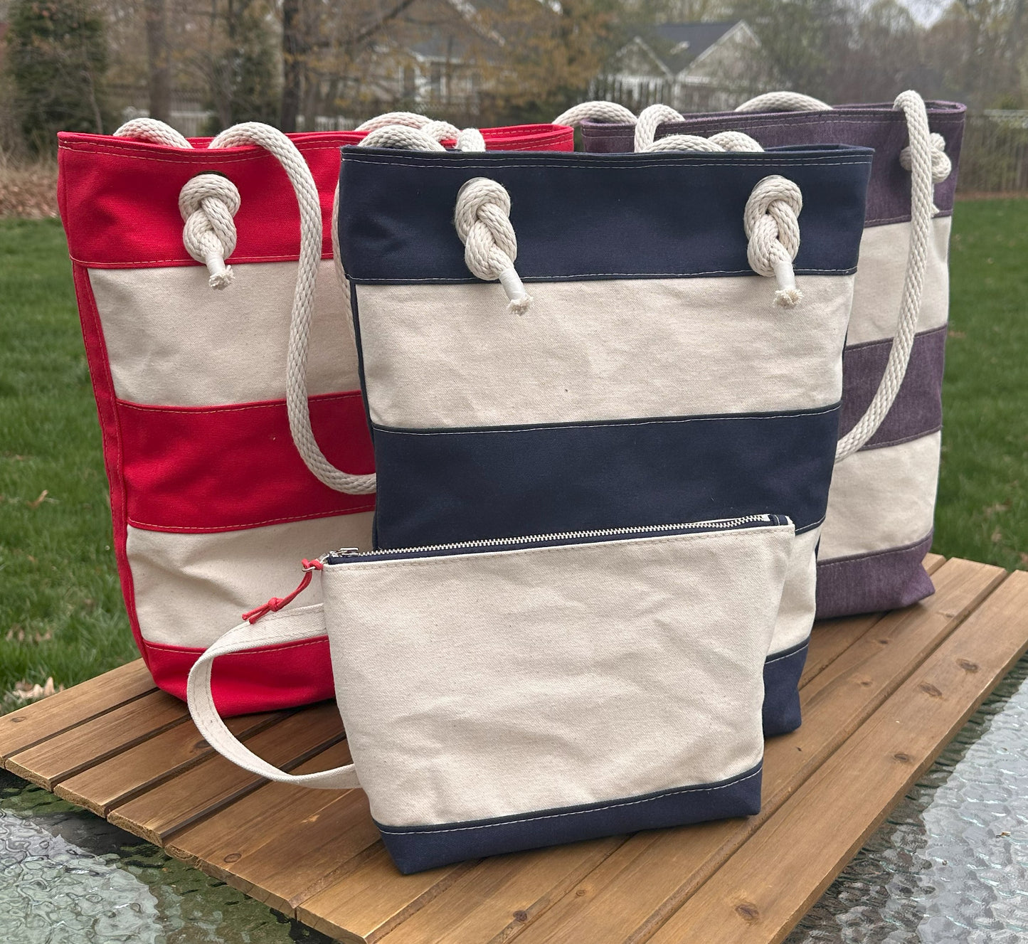 Blue and Red Stripe Regatta Tote with Blue Stripe Dockside Pouch squirescanvascreations.com