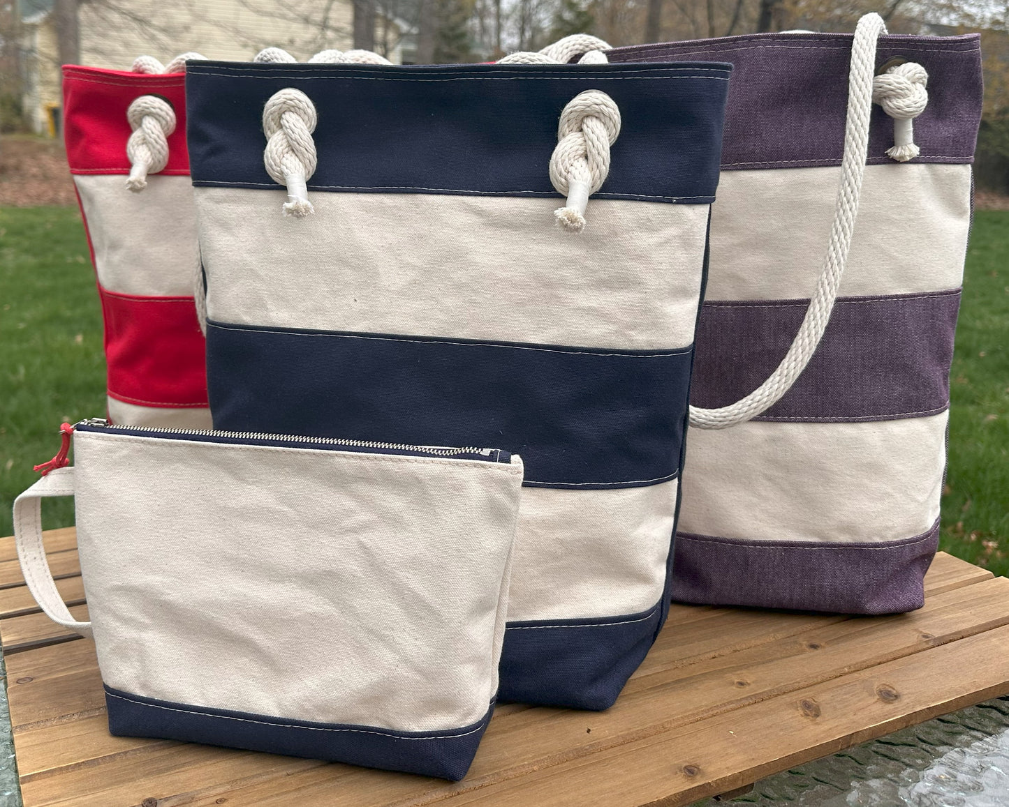 Blue Stripe Regatta Tote with Blue Stripe Dockside Pouch squirescanvascreations.com