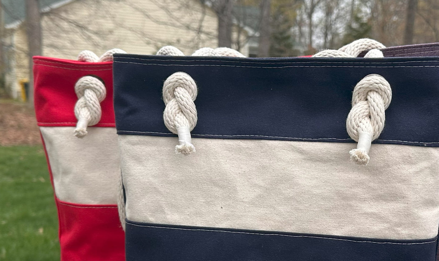 Blue and Red Stripe Regatta Tote squirescanvascreations.com