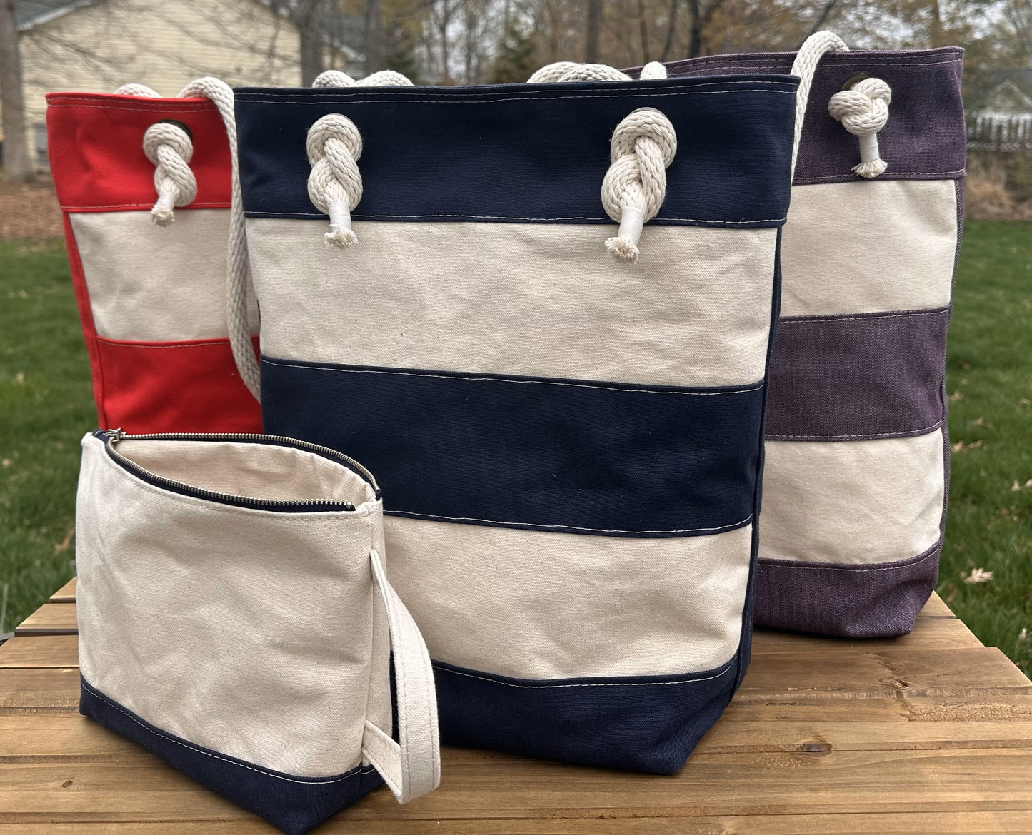 Blue Stripe Regatta Tote with Dockside Pouch squirescanvascreations.com