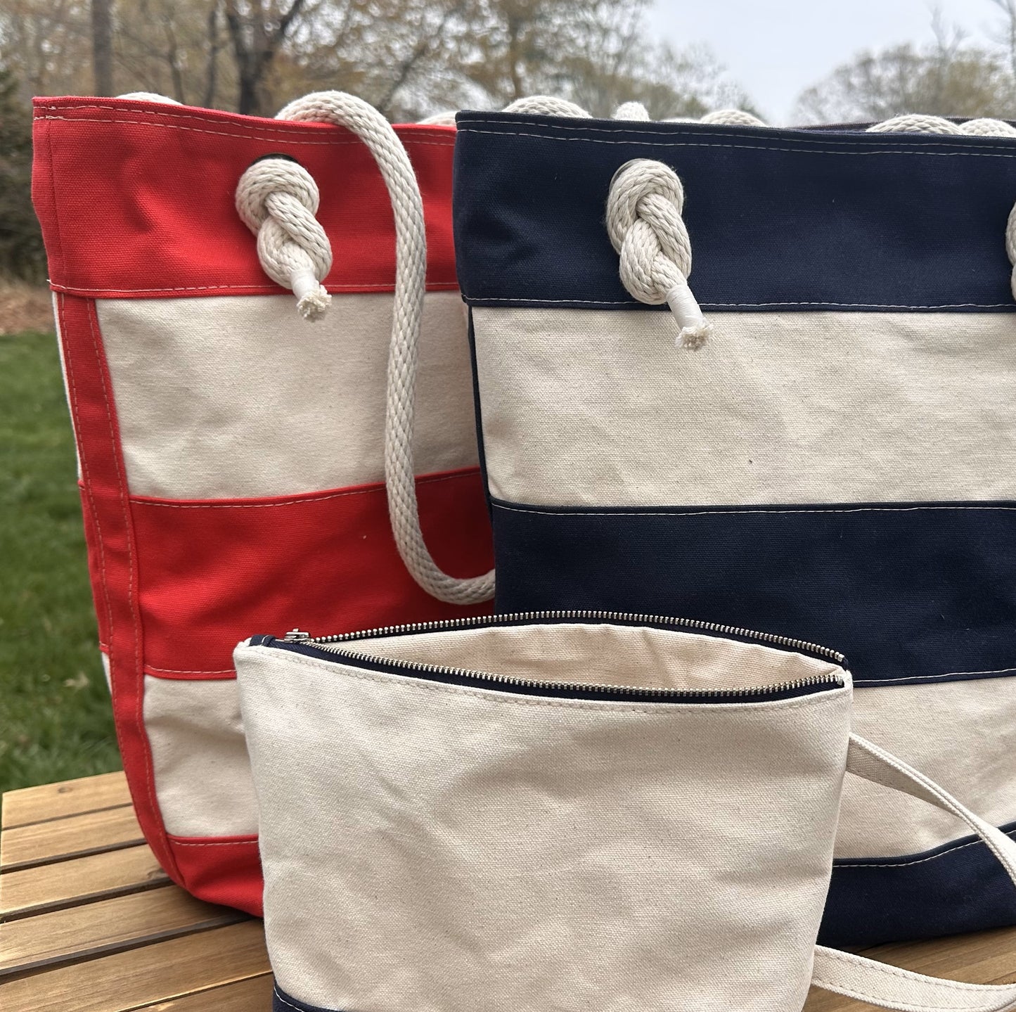Blue and Red Stripe Regatta Tote with Dockside Pouch squirescanvascreations.com
