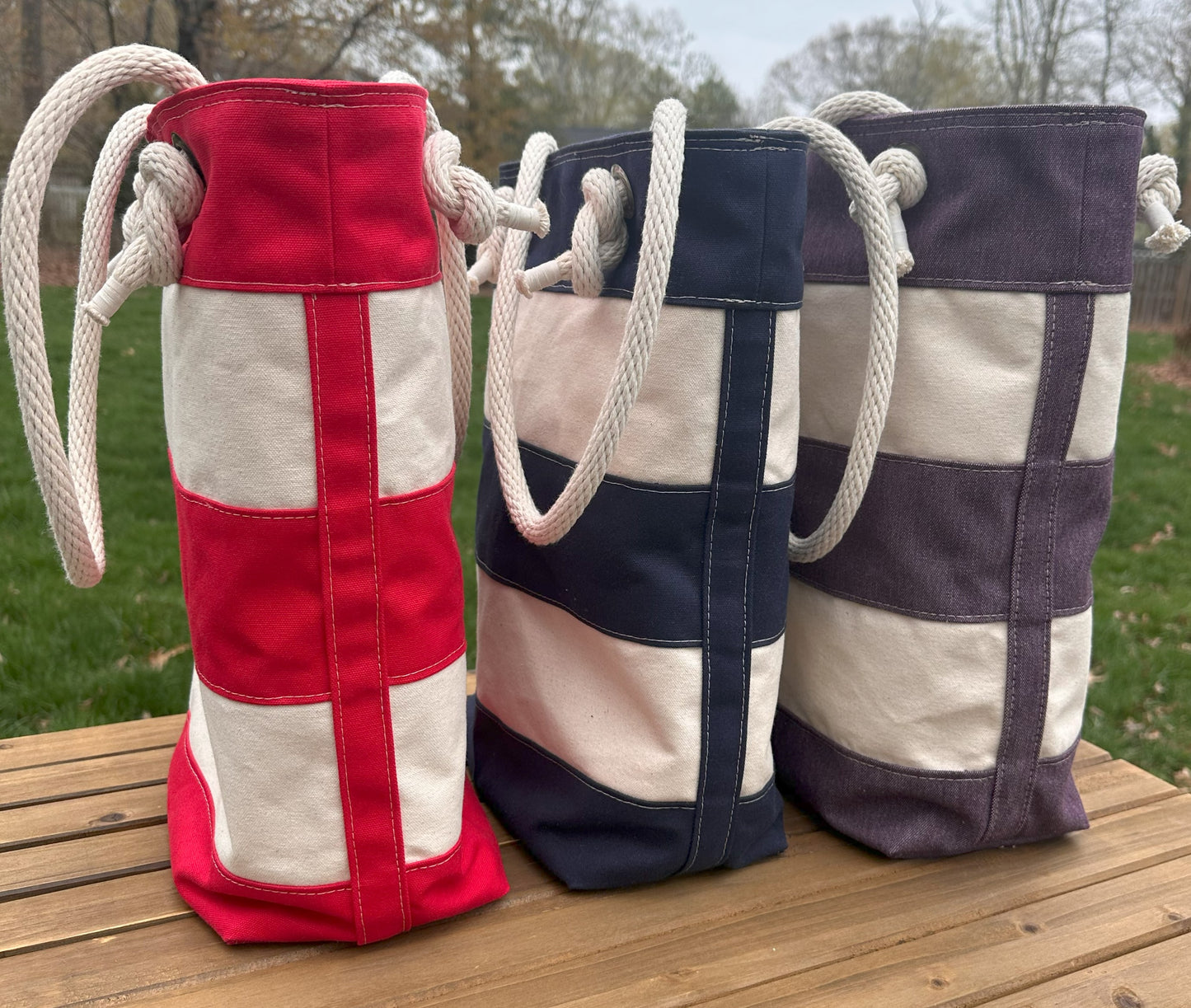 Red Blue and Denim Stripe Regatta Tote squirescanvascreations.com