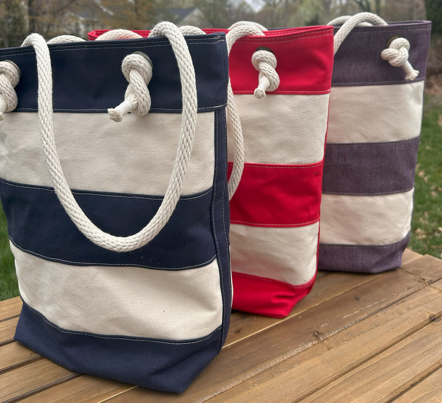 Blue Red and Denim Stripe Regatta Tote squirescanvascreations.com