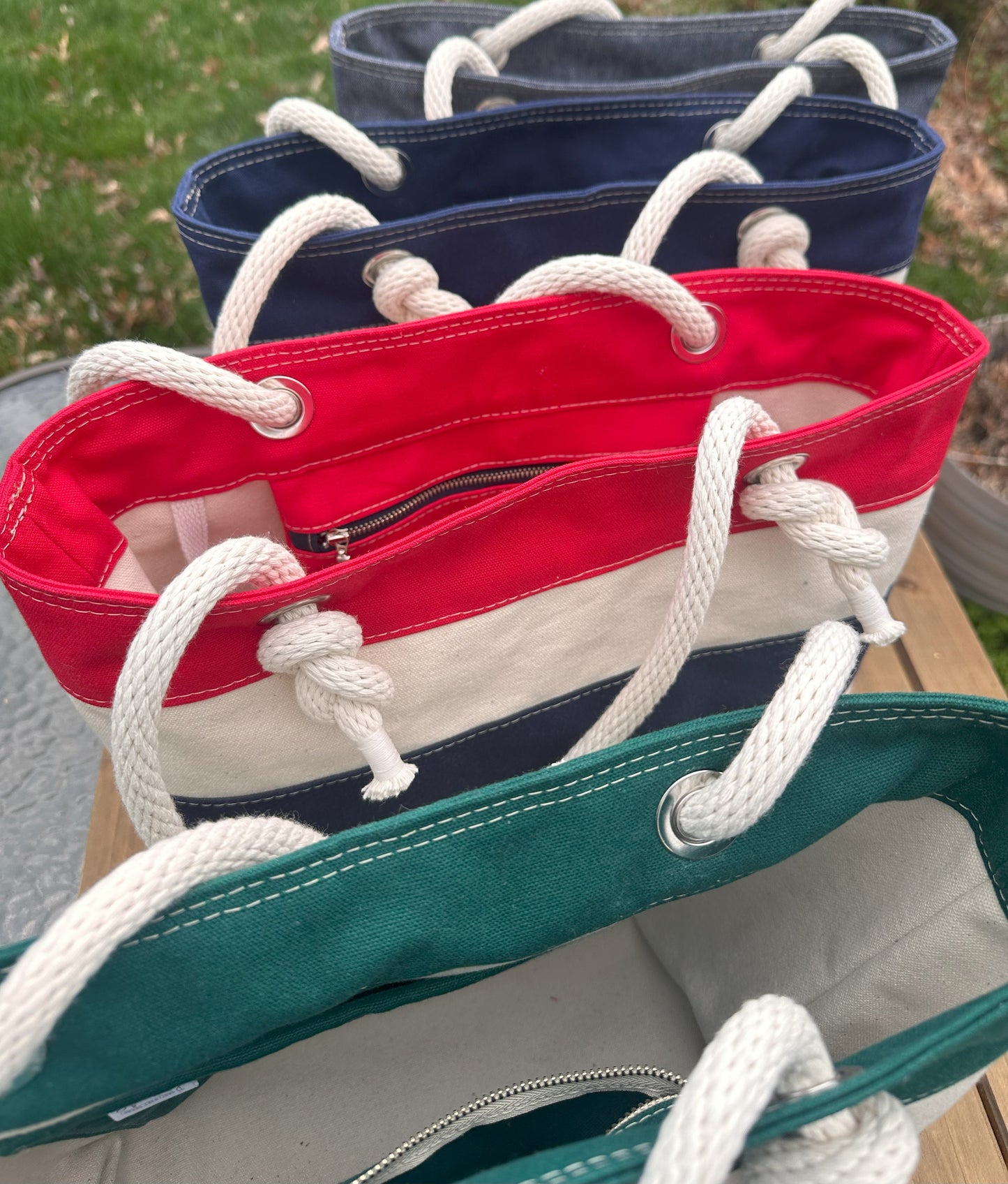 Green Red and Blue Stripe Regatta Tote squirescanvascreations.com