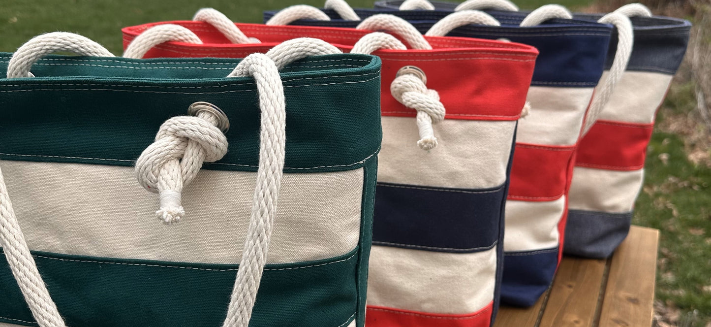 Green Blue and Red Stripe Regatta Tote squirescanvascreations.com