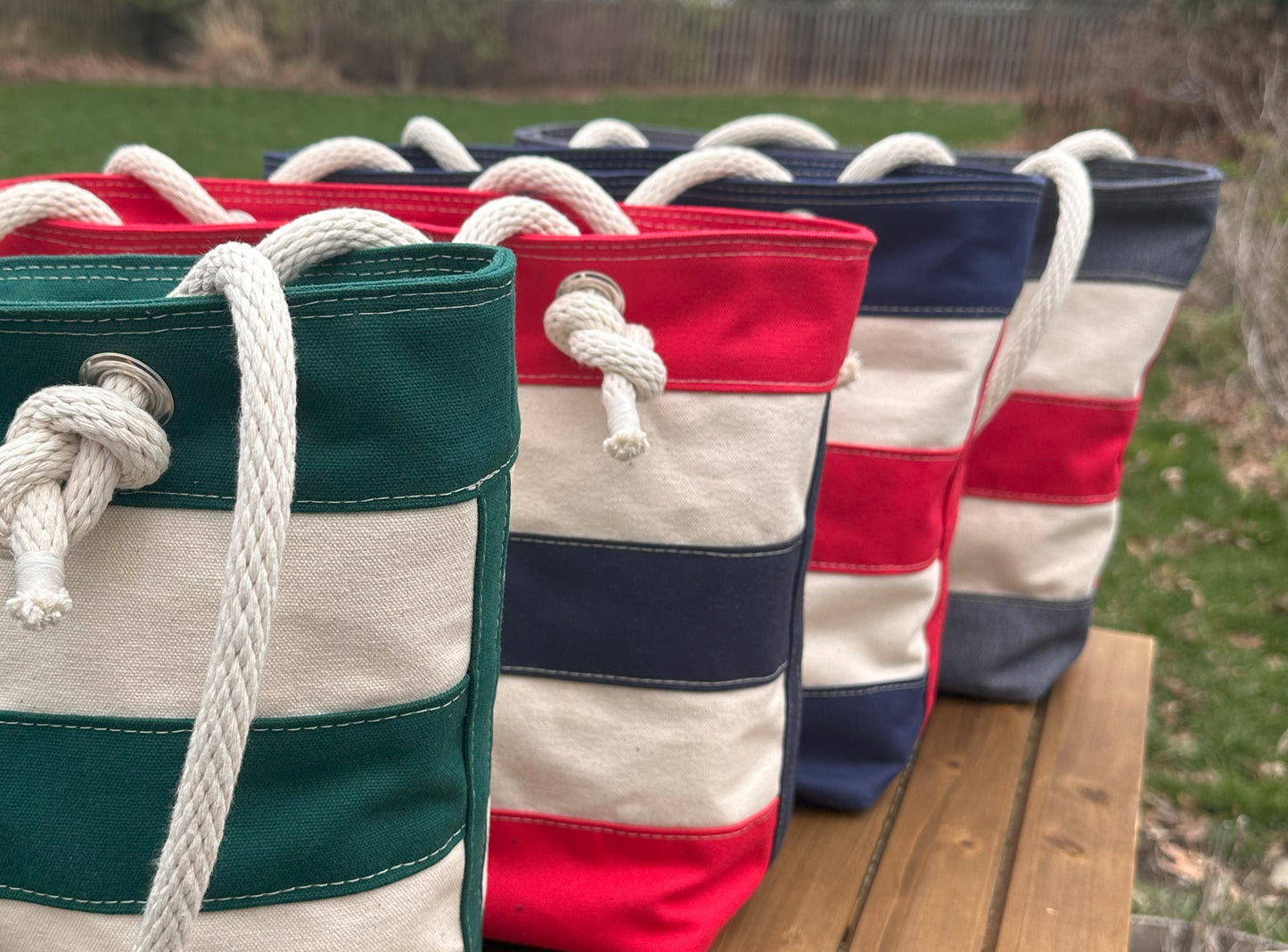 Green Blue and Red Stripe Regatta Tote squirescanvascreations.com