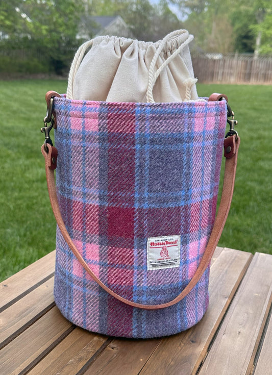Lighthouse Tote in Pink and Blue Plaid Harris Tweed® and Cherry Splenda Veg Tan Leather with Antique Brass Hardware squirescanvascreations.com