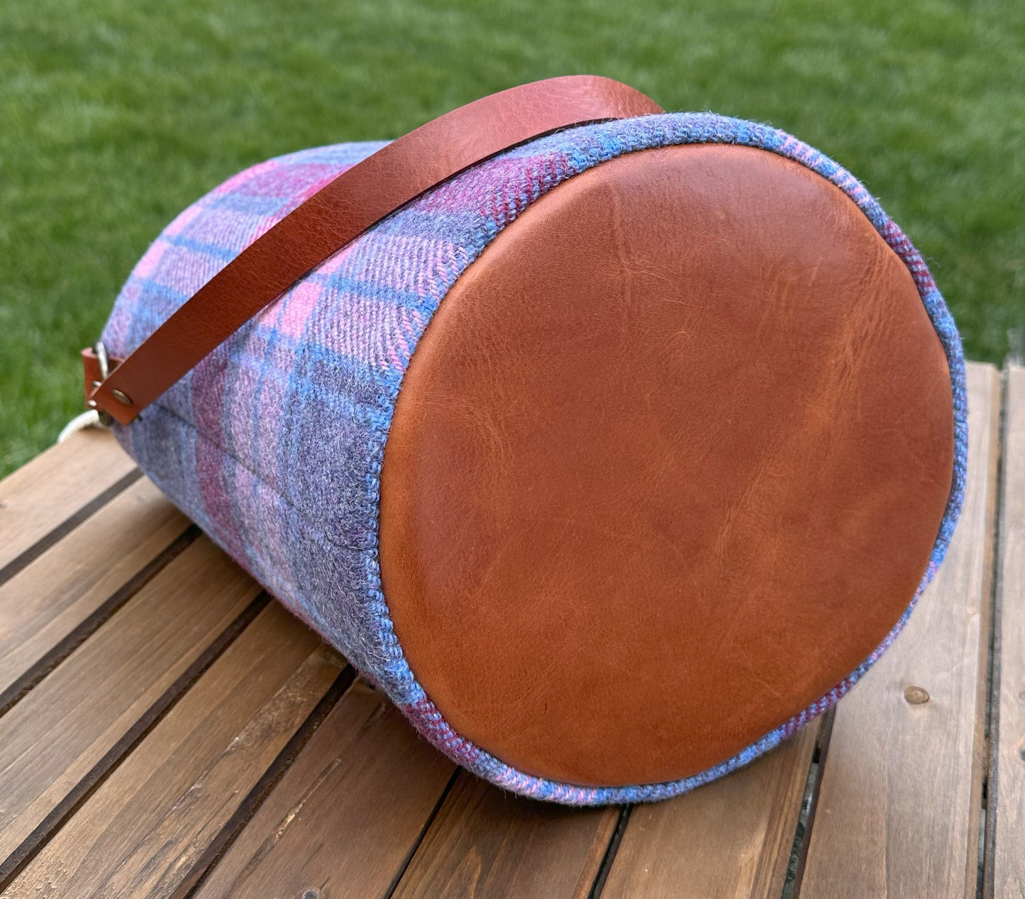 Lighthouse Tote in Pink and Blue Plaid Harris Tweed® and Cherry Splenda Veg Tan Leather with Antique Brass Hardware squirescanvascreations.com