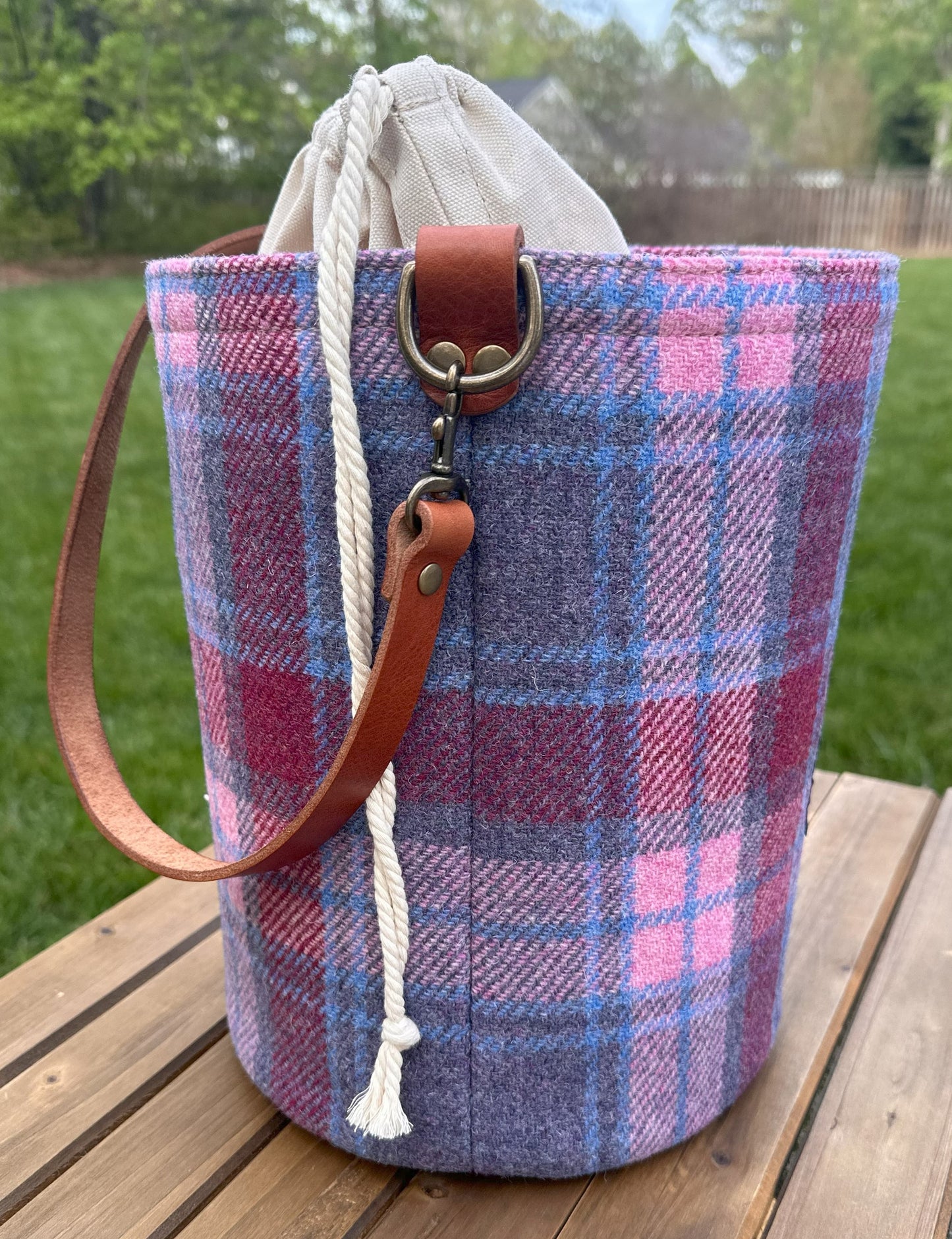 Lighthouse Tote in Pink and Blue Plaid Harris Tweed® and Cherry Splenda Veg Tan Leather with Antique Brass Hardware squirescanvascreations.com