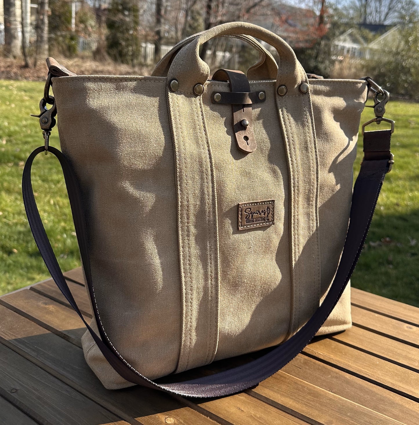 Saddle Stone Washed Canvas and Crazy Horse Tan leather with Antique Brass Hardware Waterman Tote squirescanvascreations.com