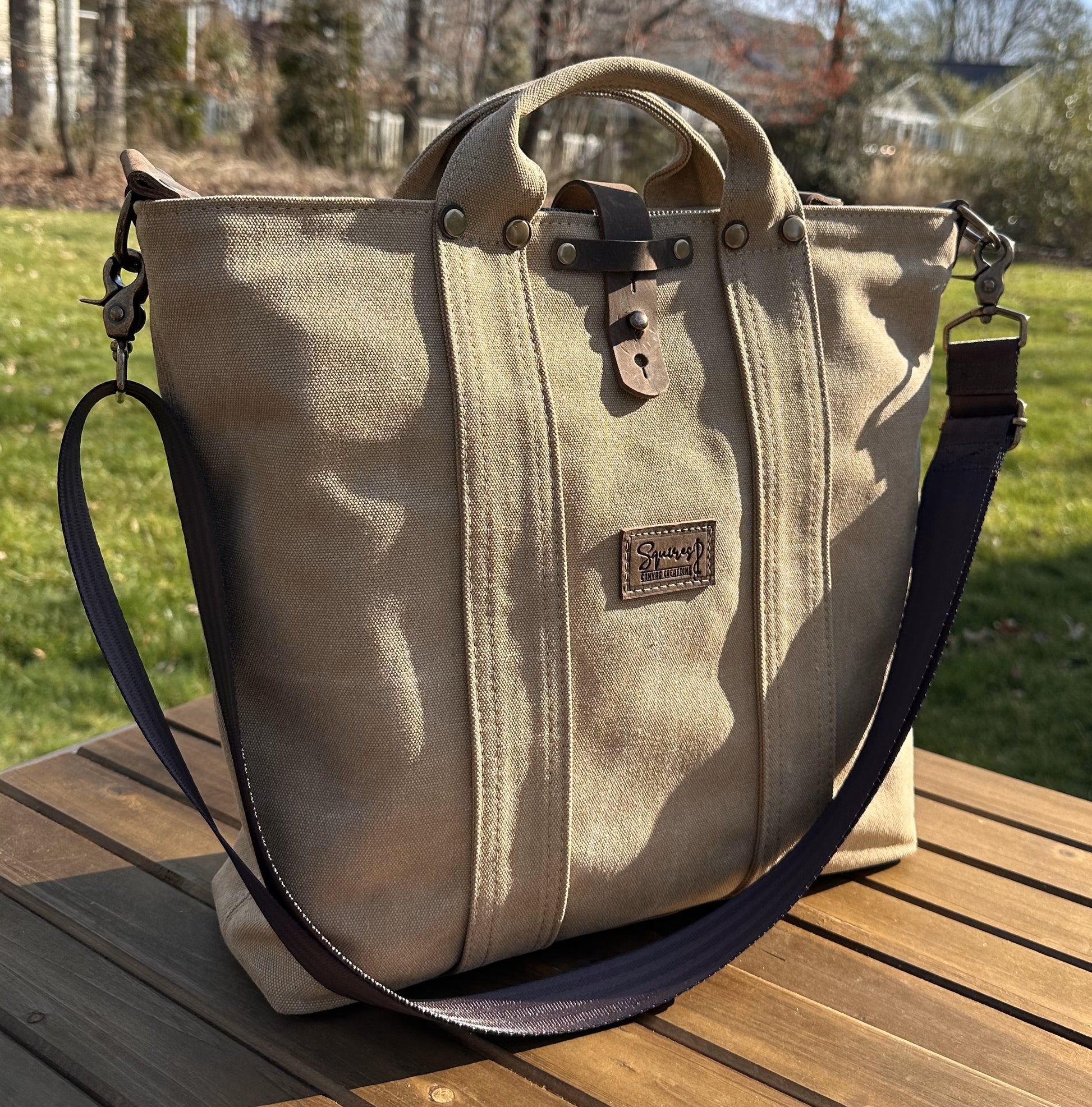 Saddle Stone Washed Canvas and Crazy Horse Tan leather with Antique Brass Hardware Waterman Tote squirescanvascreations.com