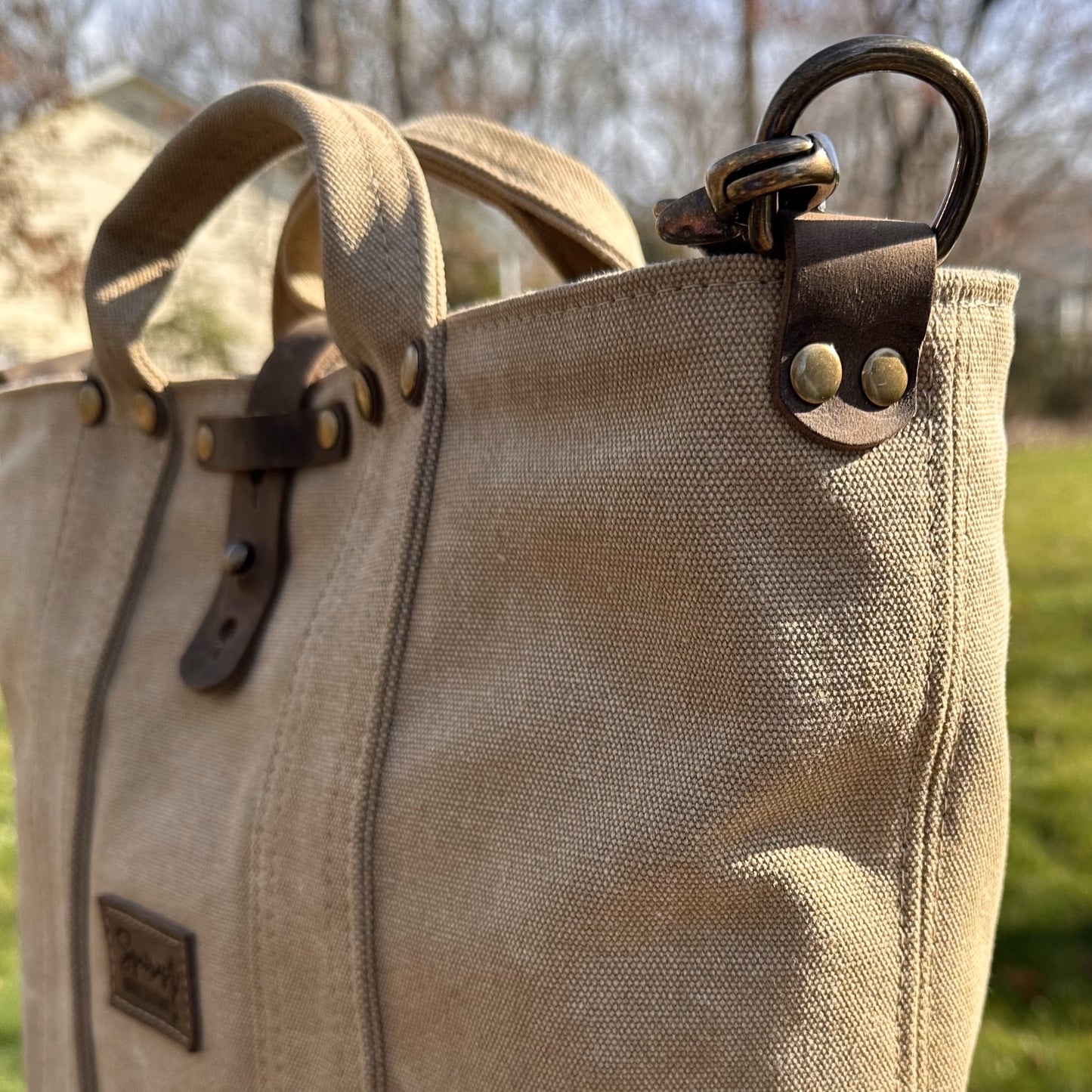 Saddle Stone Washed Canvas and Crazy Horse Tan leather with Antique Brass Hardware Waterman Tote squirescanvascreations.com