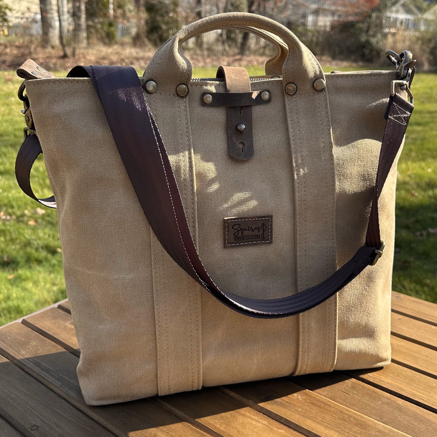 Saddle Stone Washed Canvas and Crazy Horse Tan leather with Antique Brass Hardware Waterman Tote squirescanvascreations.com