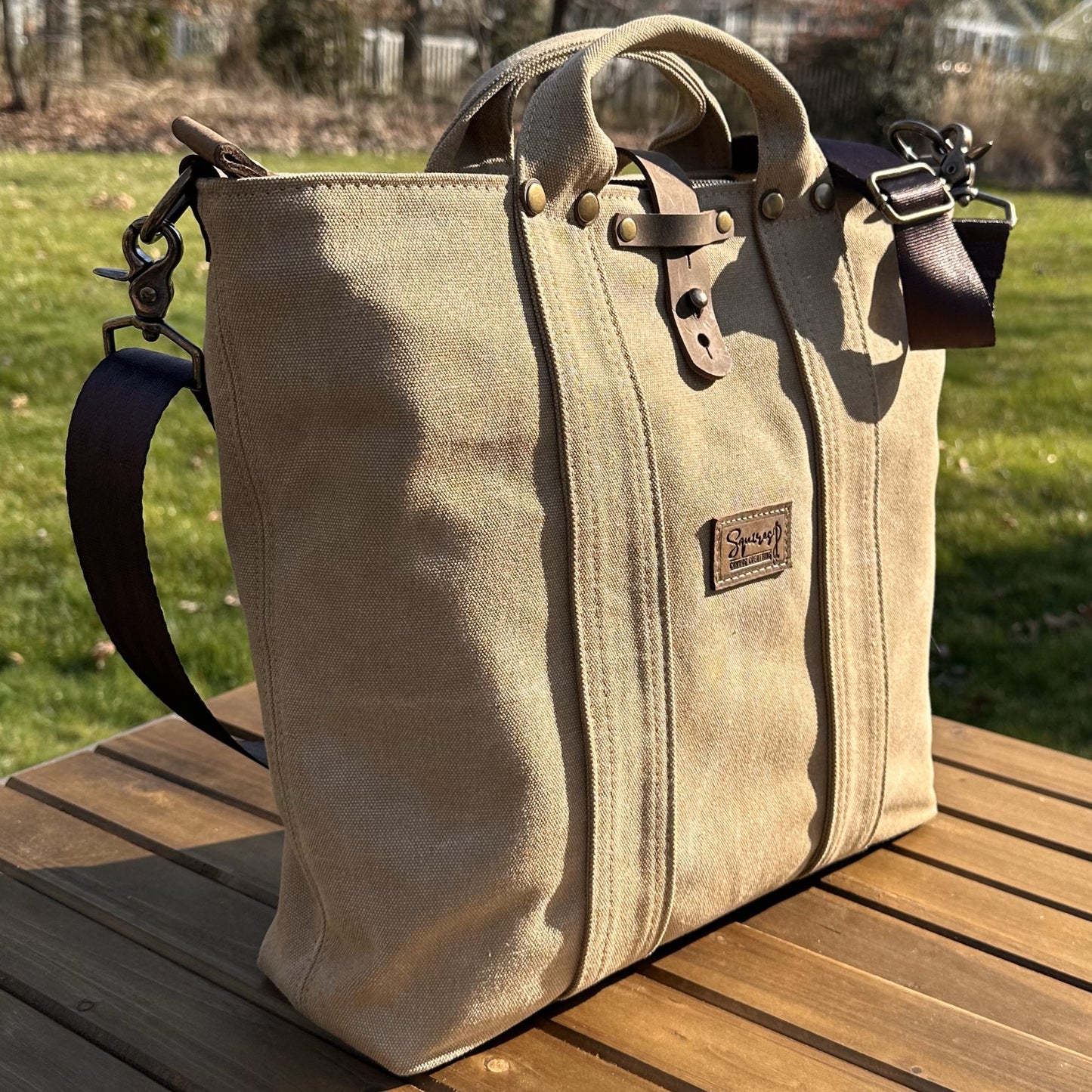 Saddle Stone Washed Canvas and Crazy Horse Tan leather with Antique Brass Hardware Waterman Tote squirescanvascreations.com