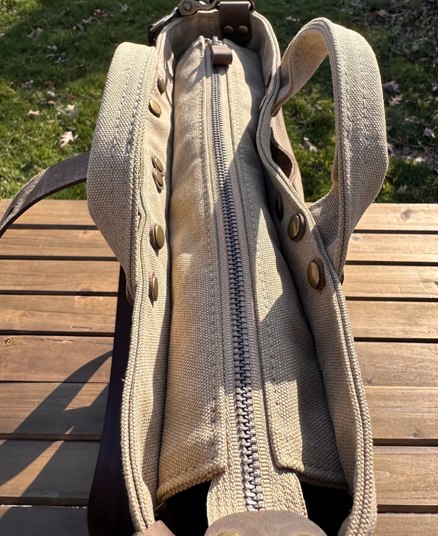 Saddle Stone Washed Canvas and Crazy Horse Tan leather with Antique Brass Hardware Waterman Tote squirescanvascreations.com
