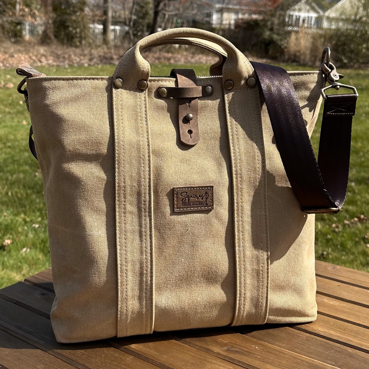Saddle Stone Washed Canvas and Crazy Horse Tan leather with Antique Brass Hardware Waterman Tote squirescanvascreations.com