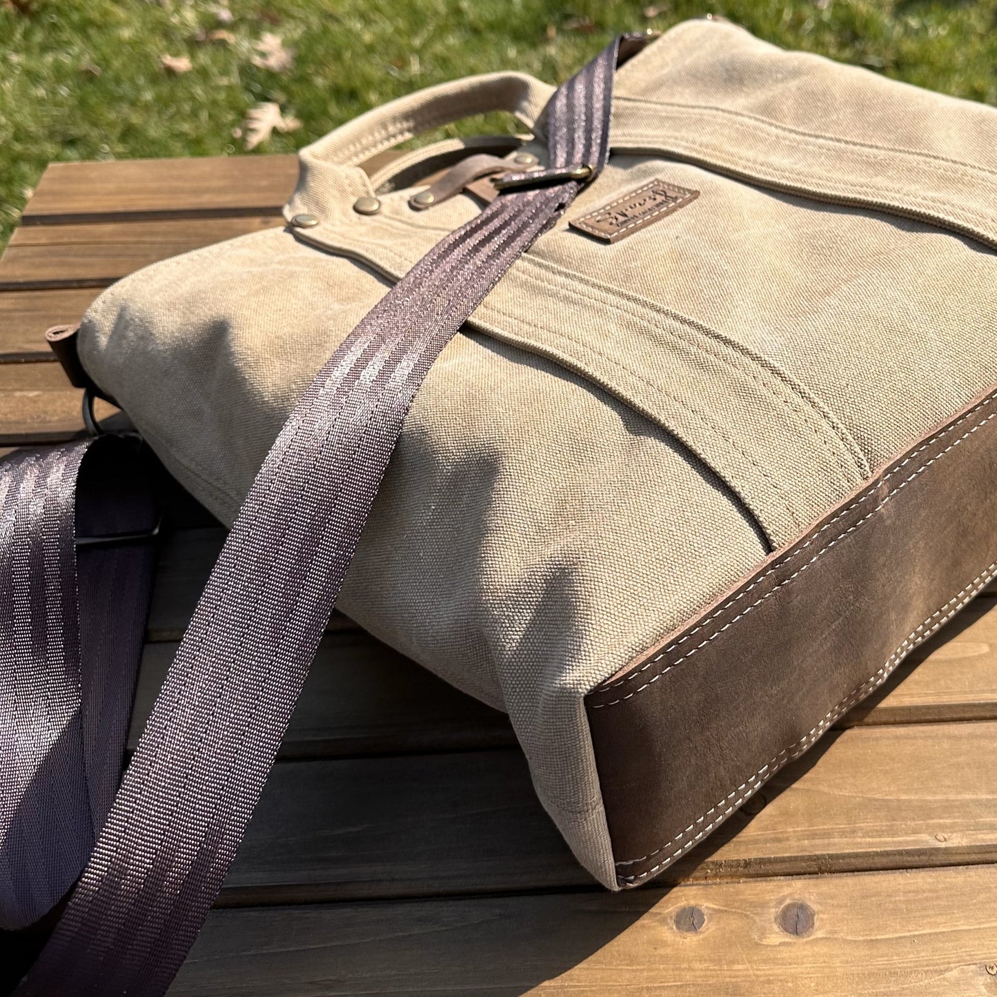 Saddle Stone Washed Canvas and Crazy Horse Tan leather with Antique Brass Hardware Waterman Tote squirescanvascreations.com