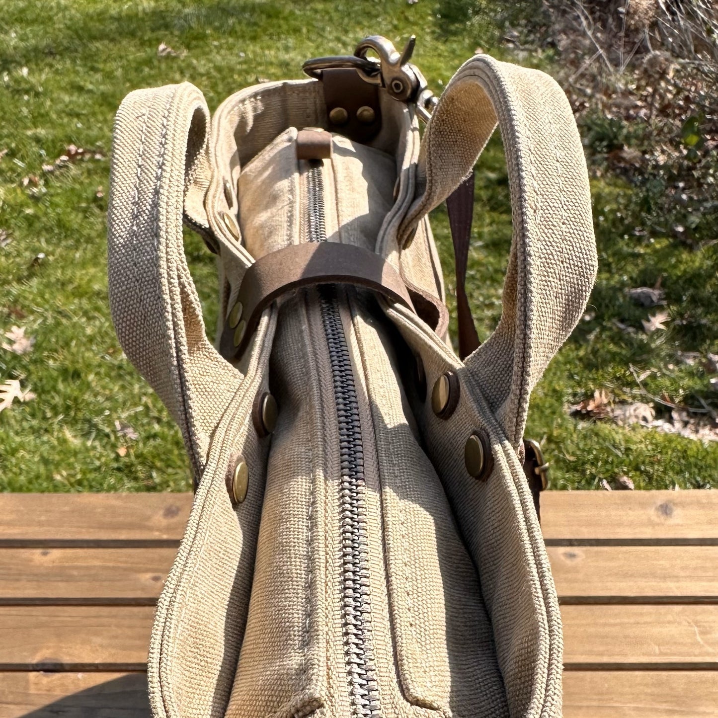 Saddle Stone Washed Canvas and Crazy Horse Tan leather with Antique Brass Hardware Waterman Tote squirescanvascreations.com