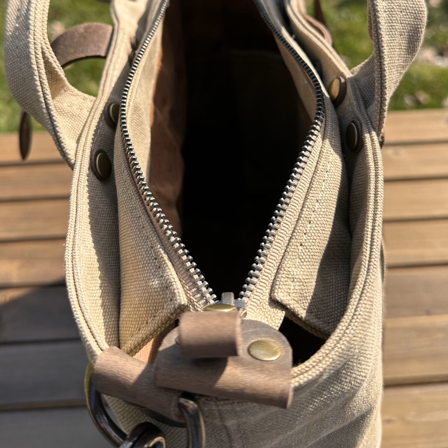 Saddle Stone Washed Canvas and Crazy Horse Tan leather with Antique Brass Hardware Waterman Tote squirescanvascreations.com