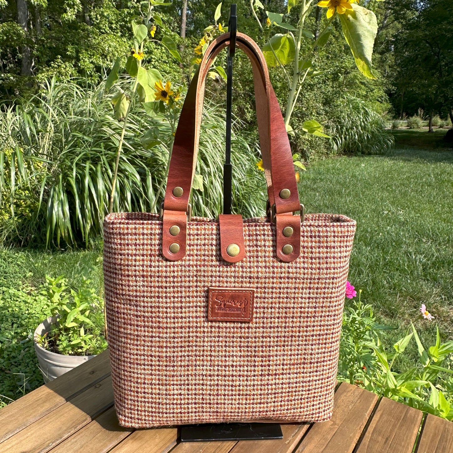 Harris Tweed® Tote Fawn Burgundy and Amber Harris Tweed® with Dublin Olde English Leather and Antique Brass Hardware SquiresCanvasCreations.com