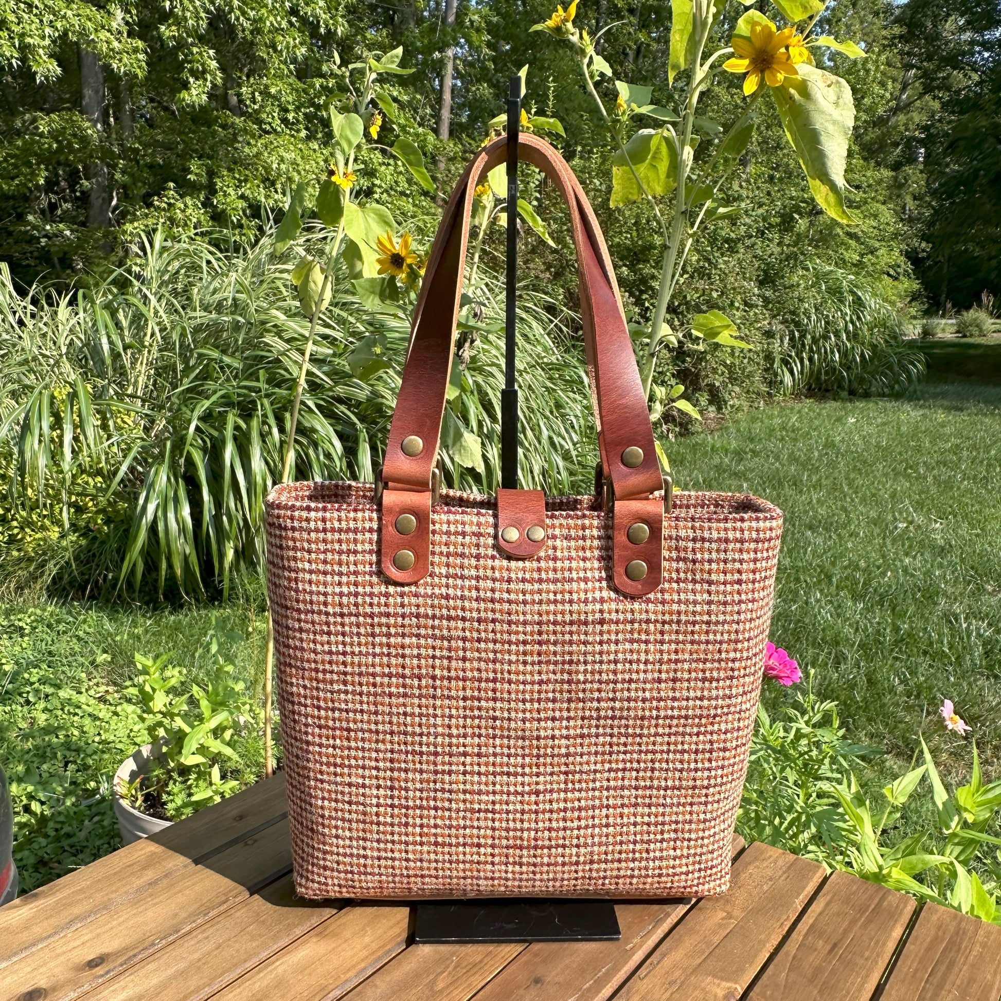 Harris Tweed® Tote Fawn Burgundy and Amber Harris Tweed® with Dublin Olde English Leather and Antique Brass Hardware SquiresCanvasCreations.com