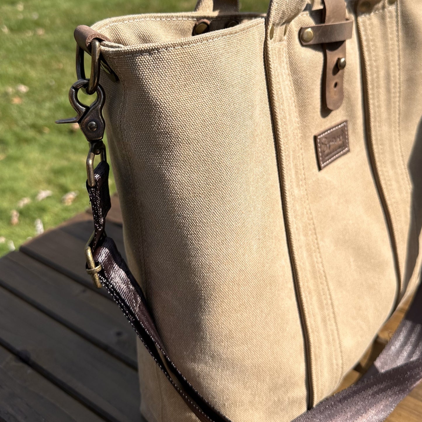 Saddle Stone Washed Canvas and Crazy Horse Tan leather with Antique Brass Hardware Waterman Tote squirescanvascreations.com