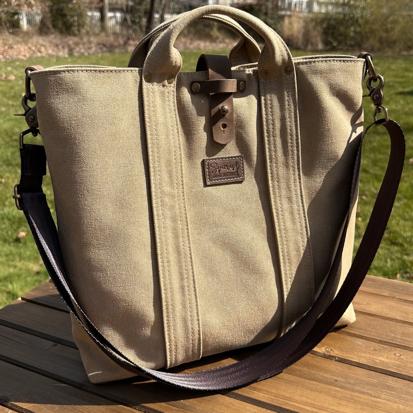 Saddle Stone Washed Canvas and Crazy Horse Tan leather with Antique Brass Hardware Waterman Tote squirescanvascreations.com