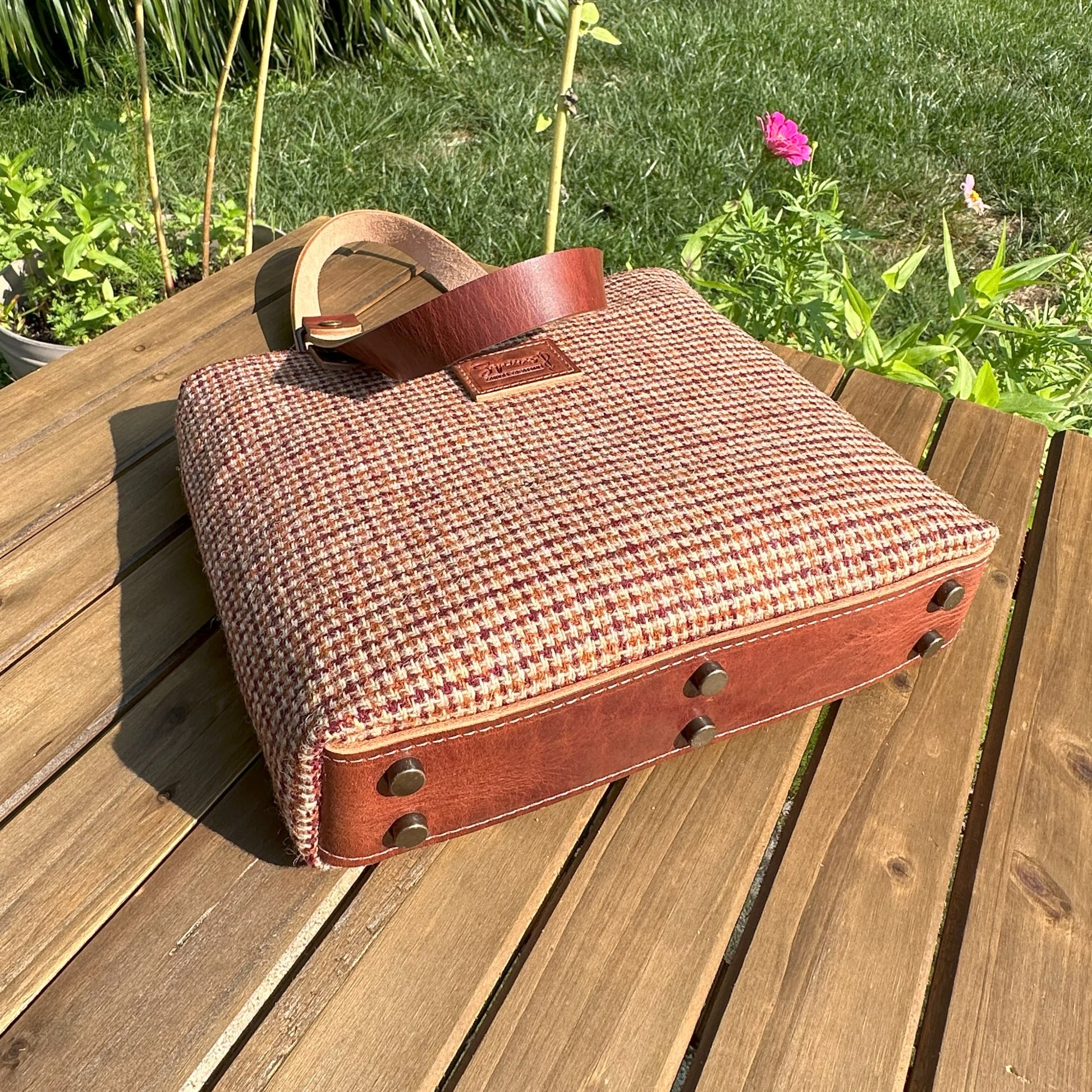 Harris Tweed® Tote Fawn Burgundy and Amber Harris Tweed® with Dublin Olde English Leather and Antique Brass Hardware SquiresCanvasCreations.com