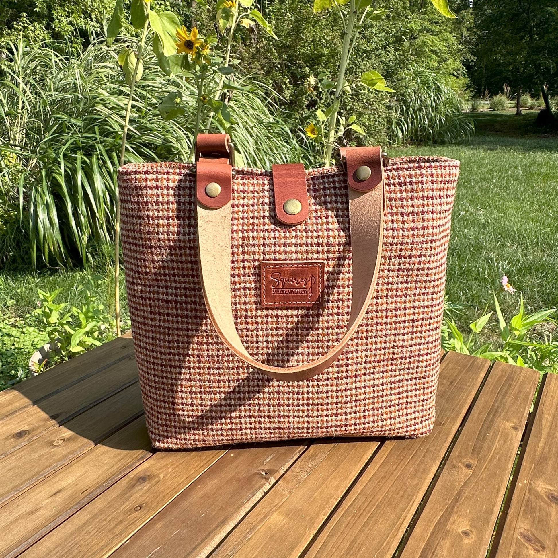 Harris Tweed® Tote Fawn Burgundy and Amber Harris Tweed® with Dublin Olde English Leather and Antique Brass Hardware SquiresCanvasCreations.com