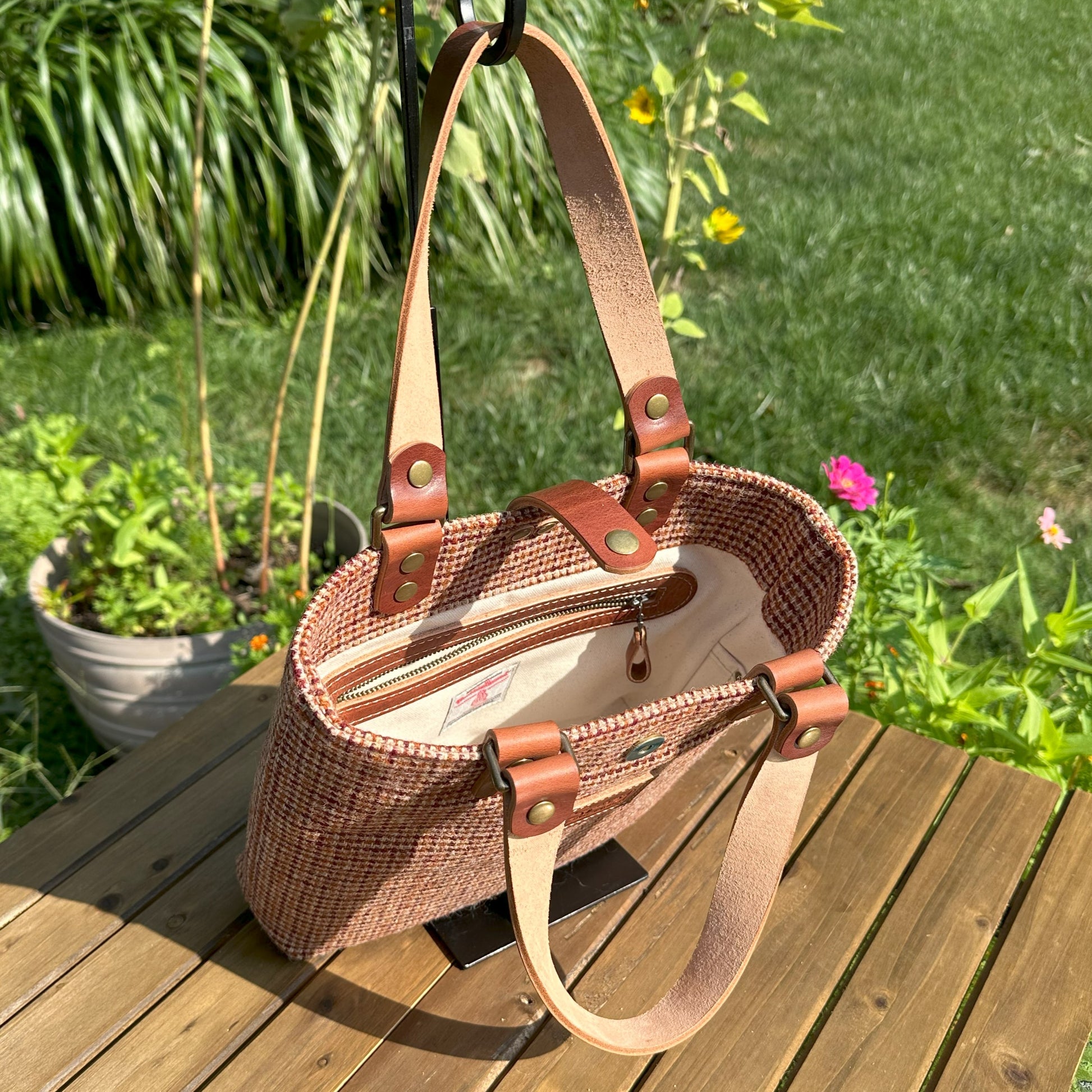 Harris Tweed® Tote Fawn Burgundy and Amber Harris Tweed® with Dublin Olde English Leather and Antique Brass Hardware SquiresCanvasCreations.com