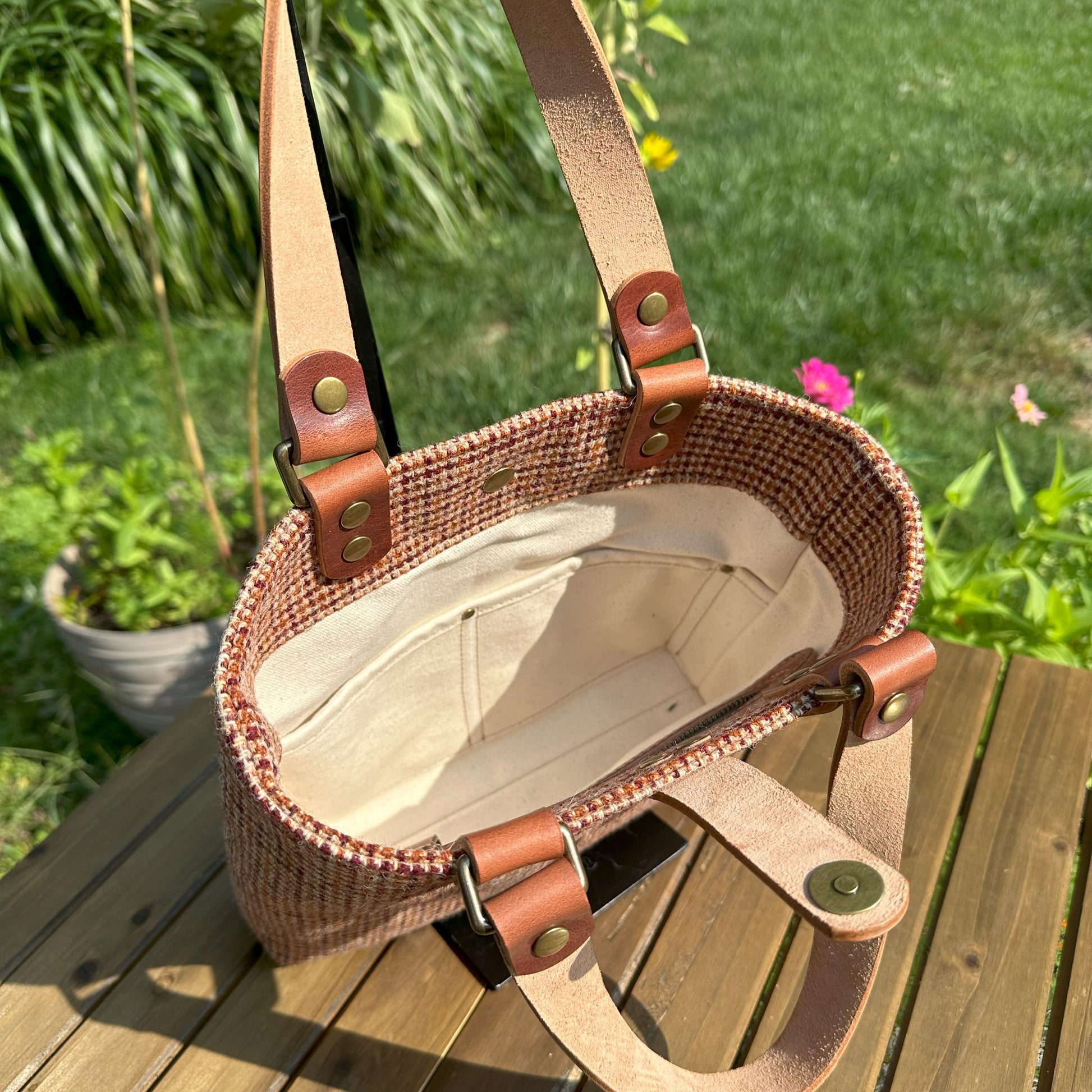 Harris Tweed® Tote Fawn Burgundy and Amber Harris Tweed® with Dublin Olde English Leather and Antique Brass Hardware SquiresCanvasCreations.com