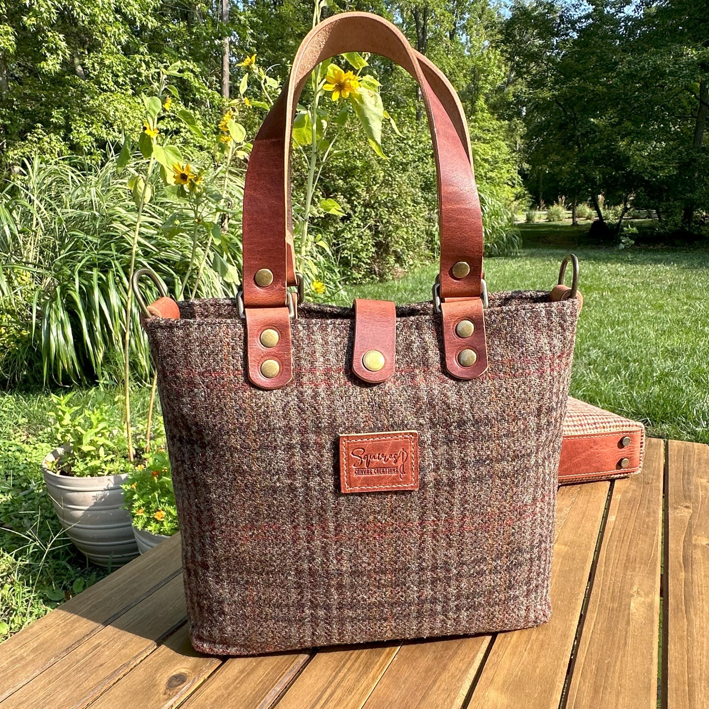 Harris Tweed® Tote Warm Brown Plaid Harris Tweed® and Dublin Olde EnglishLeather and Antique Brass Hardware SquiresCanvasCreations.com