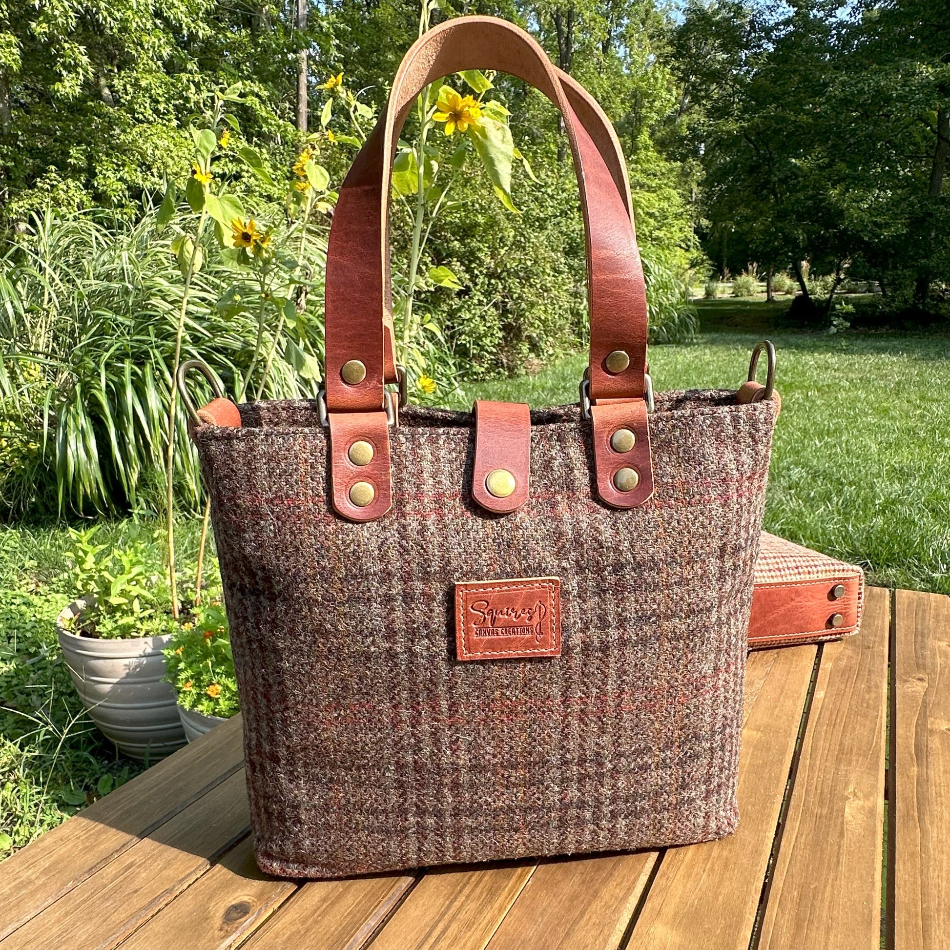 Harris Tweed® Tote Warm Brown Plaid Harris Tweed® and Dublin Olde EnglishLeather and Antique Brass Hardware SquiresCanvasCreations.com