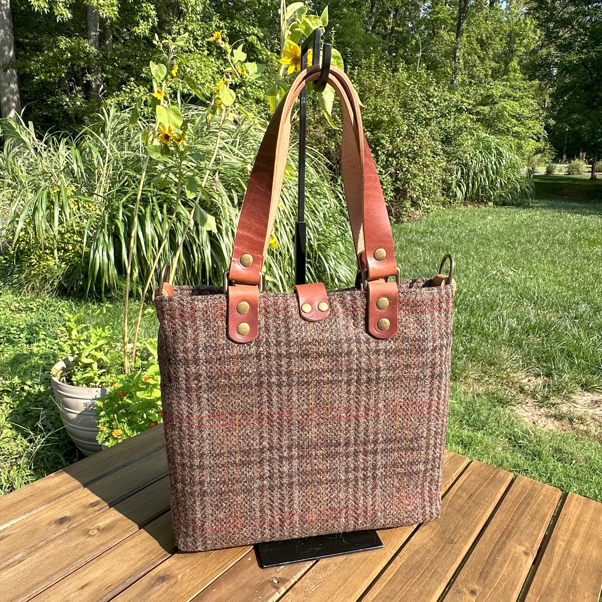 Harris Tweed® Tote Warm Brown Plaid Harris Tweed® and Dublin Olde EnglishLeather and Antique Brass Hardware SquiresCanvasCreations.com