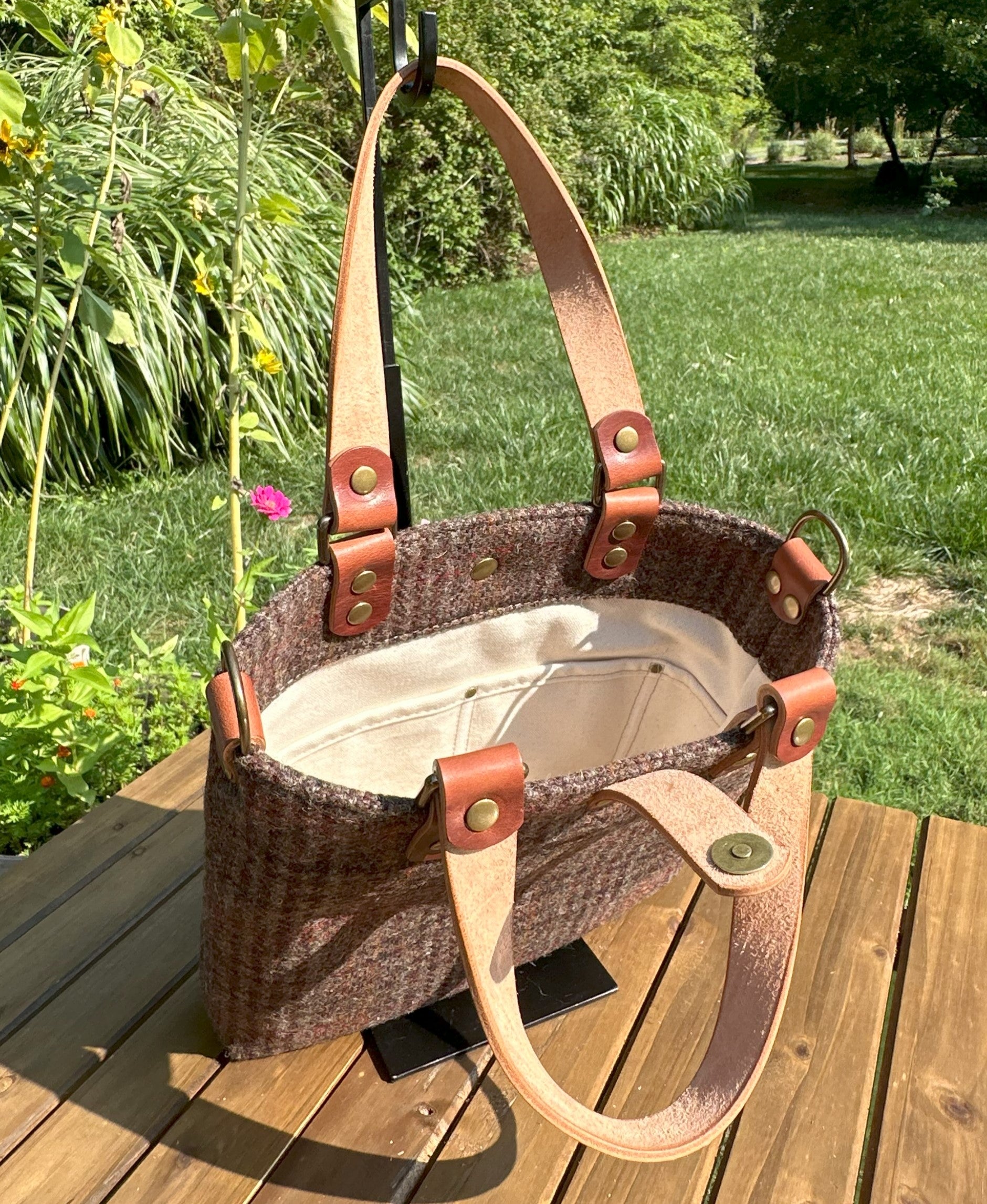 Harris Tweed® Tote Warm Brown Plaid Harris Tweed® and Dublin Olde EnglishLeather and Antique Brass Hardware SquiresCanvasCreations.com